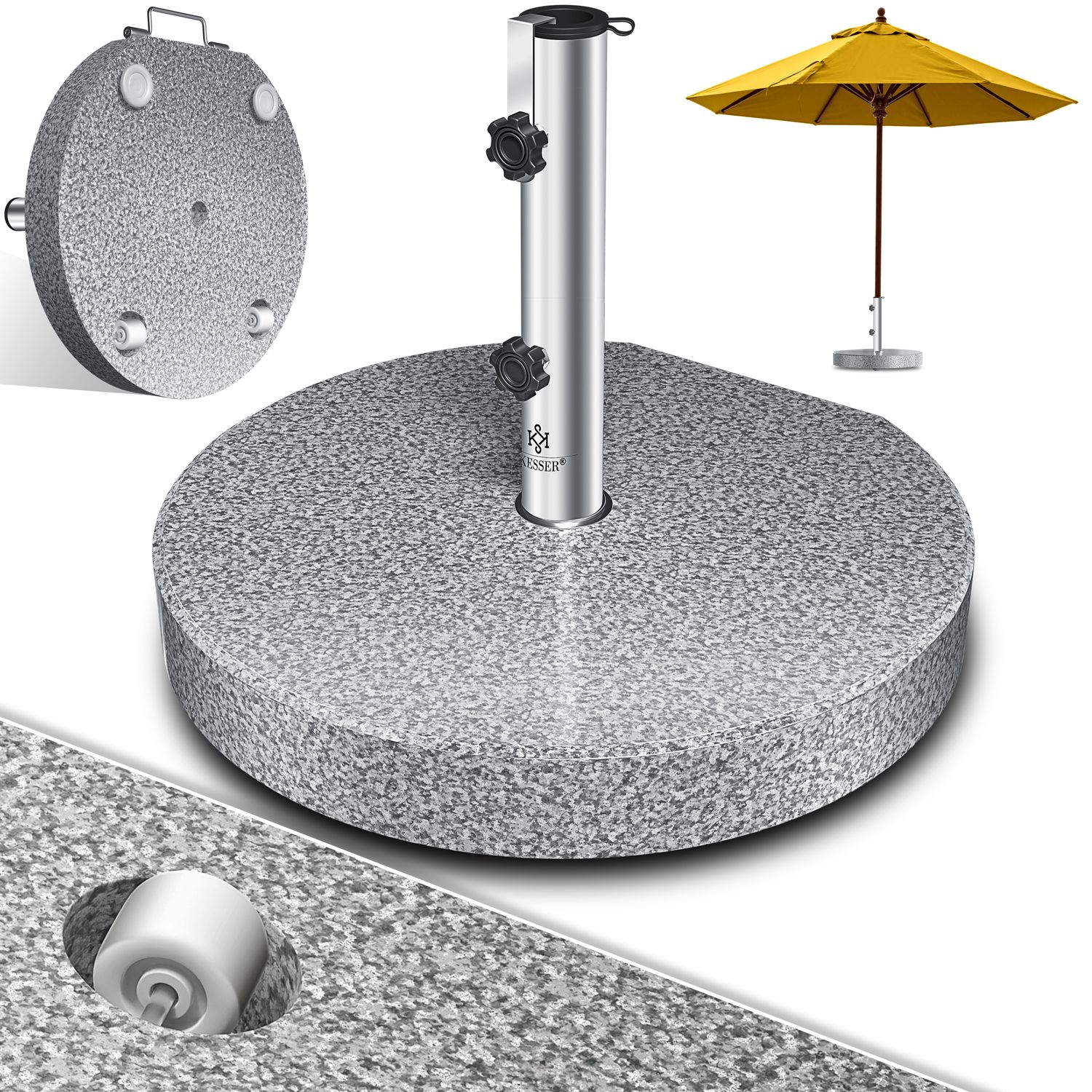 KESSER&reg; Granit Sonnenschirmst&auml;nder mit Edelstahlrohr, Hochwertiger Schirmst&auml;nder Sockel 30KG - f&uuml;r Schirmst&ouml;cke bis 16-48 mm, Inkl. Transport Griff Garten Balkonschirmst&auml;nder 