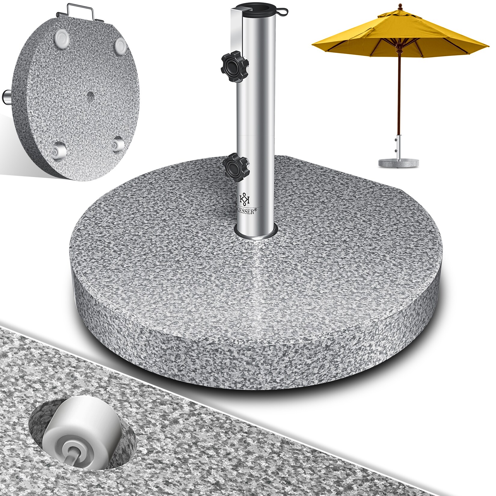 ® Granit Sonnenschirmständer mit Edelstahlrohr, Hochwertiger Schirmständer Sockel  - für Schirmstöcke bis 16-48 mm, Inkl. Transport Griff Garten Balkonschirmständer