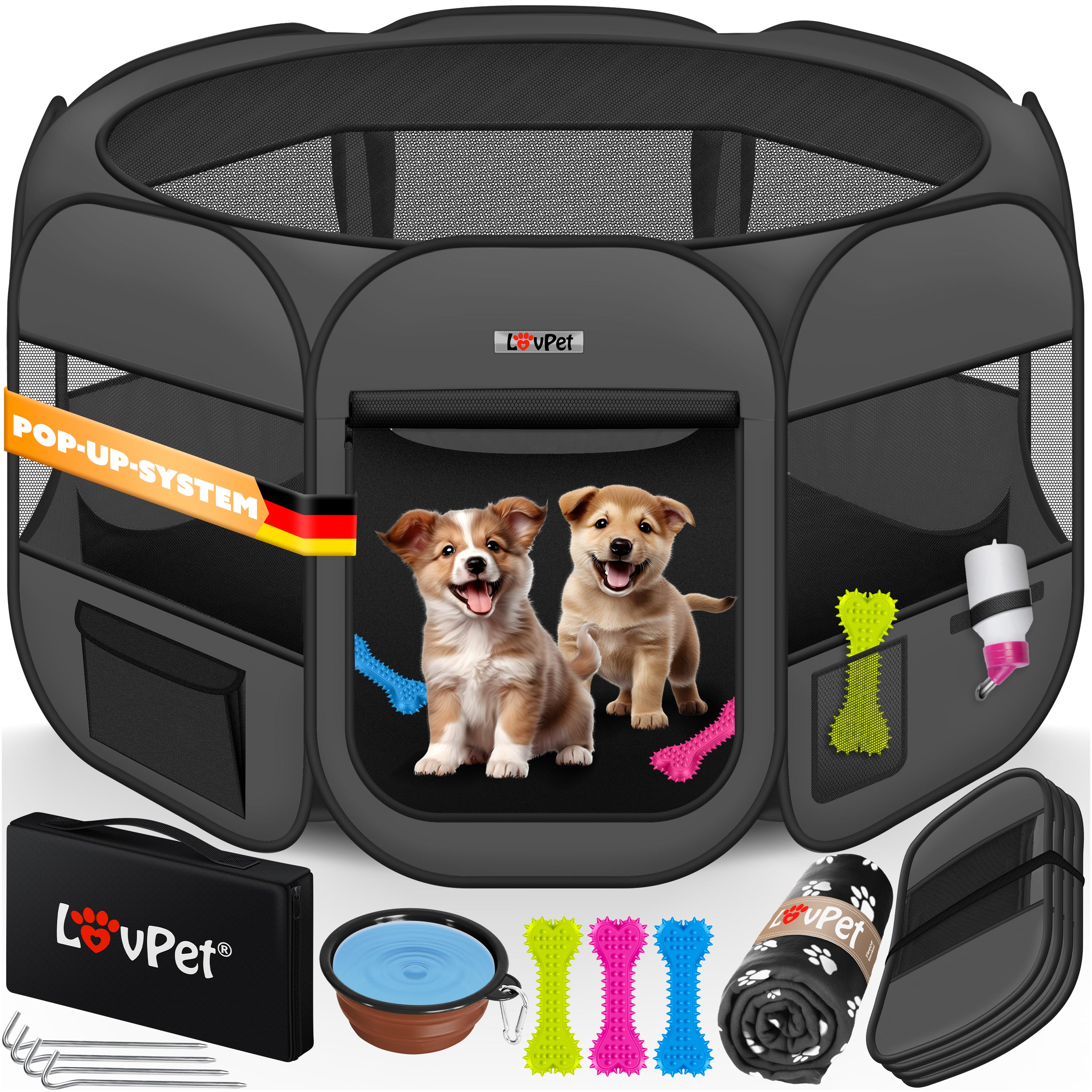 LOVPET&reg; Welpenlaufstall Tierlaufstall Faltbar f&uuml;r Kleintiere Hunde, Katzen Inkl. Hundenapf Hundelaufstall Freigehege Oxfordgewebe Pop-up System Indoor & Outdoor 