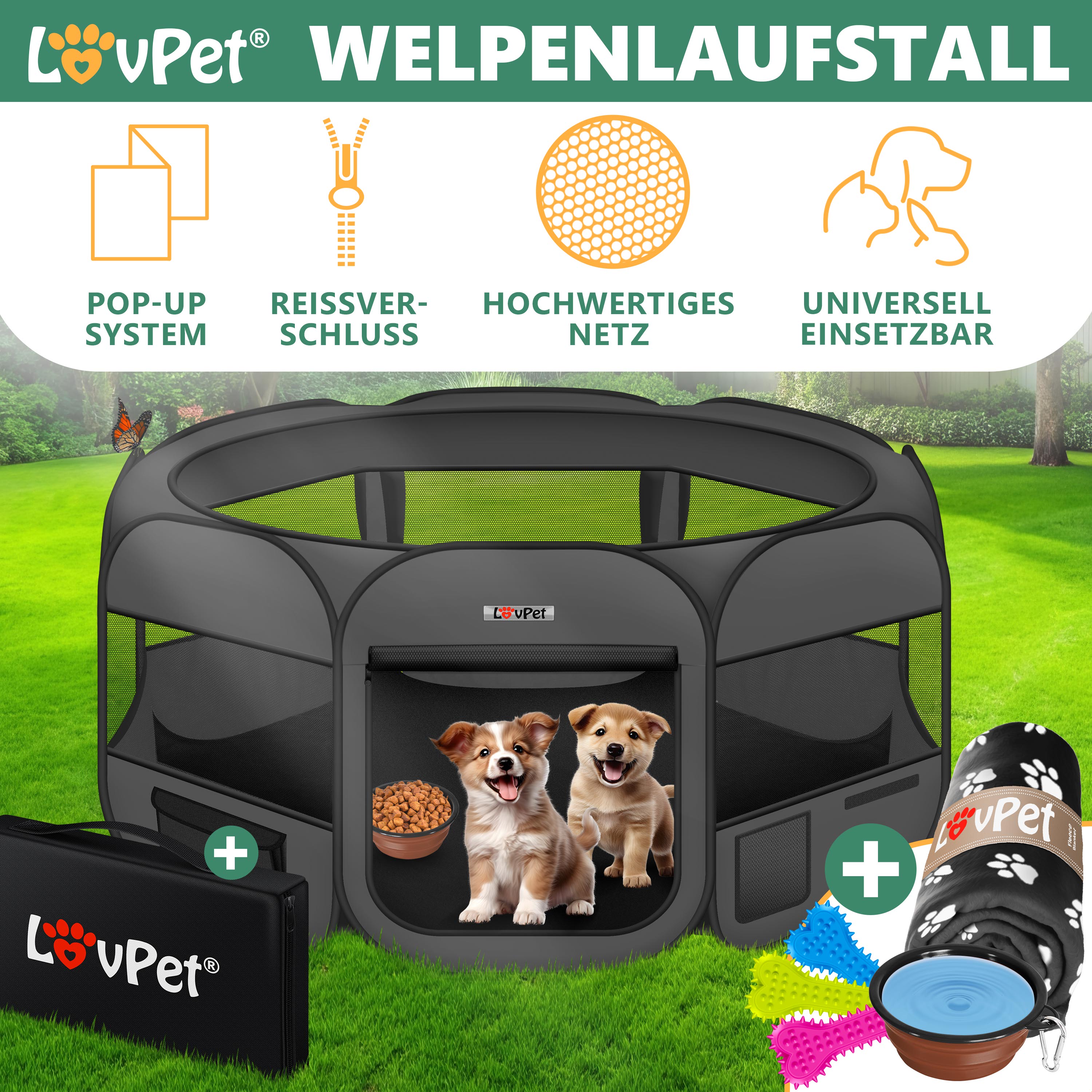 DONORO Laufstall Für Hunde/Katzen – Faltbar, Tragbar – 91x91x51 Cm – Mit Netzfenstern – Für Drinnen/draußen, Camping