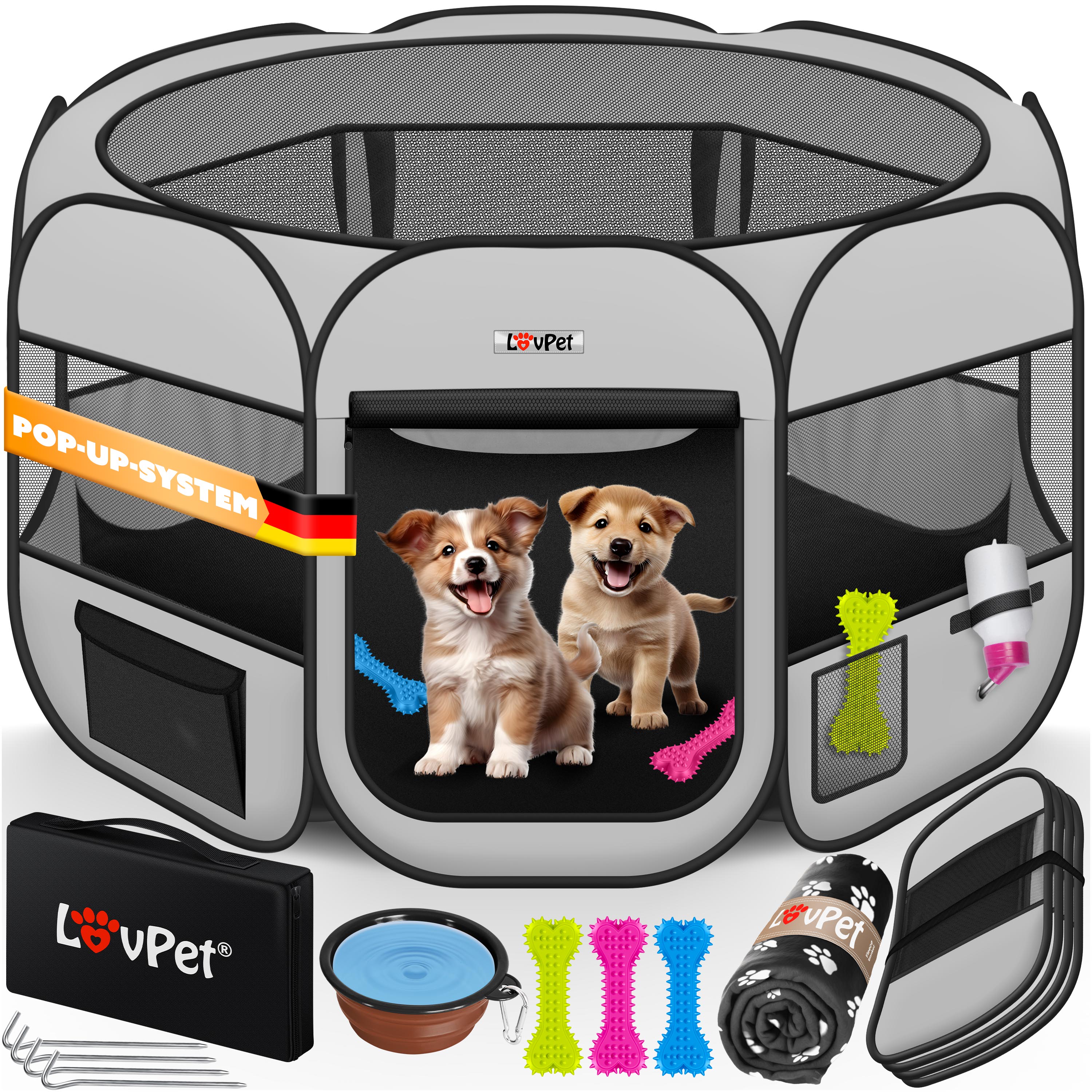 LOVPET&reg; Welpenlaufstall Tierlaufstall Faltbar f&uuml;r Kleintiere Hunde, Katzen Inkl. Hundenapf Hundelaufstall Freigehege Oxfordgewebe Pop-up System Indoor & Outdoor 