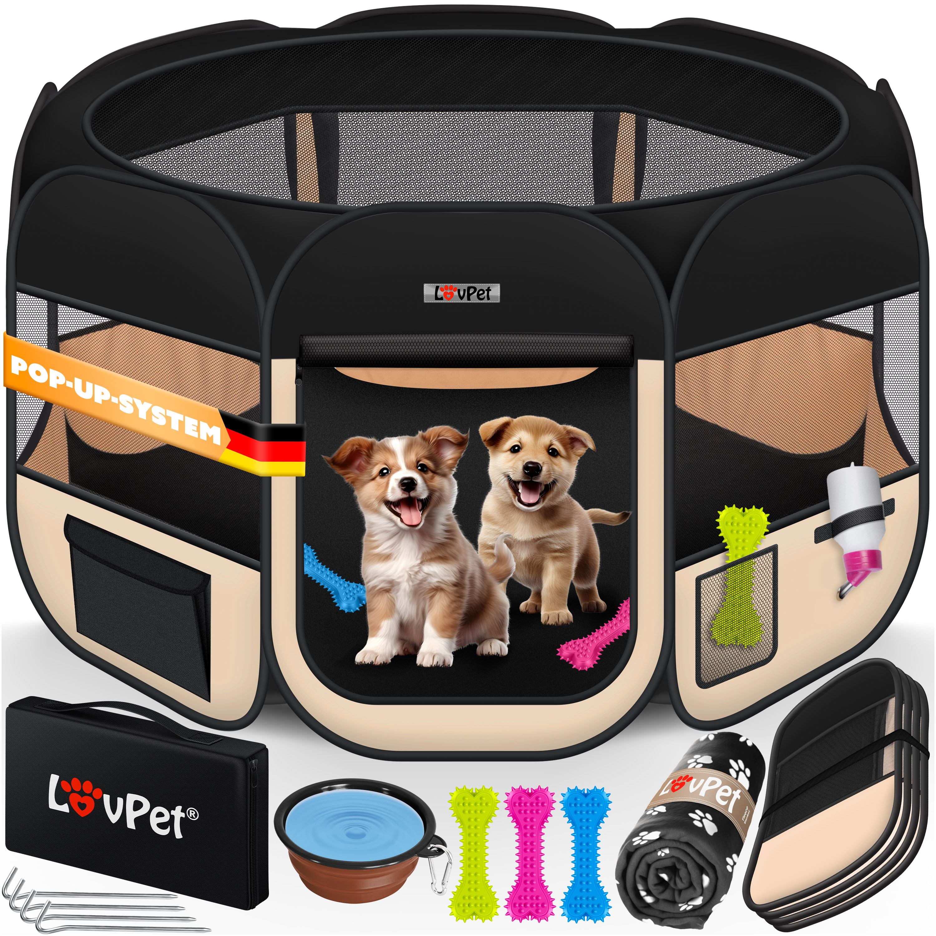 LOVPET&reg; Welpenlaufstall Tierlaufstall Faltbar f&uuml;r Kleintiere Hunde, Katzen Inkl. Hundenapf Hundelaufstall Freigehege Oxfordgewebe Pop-up System Indoor & Outdoor 
