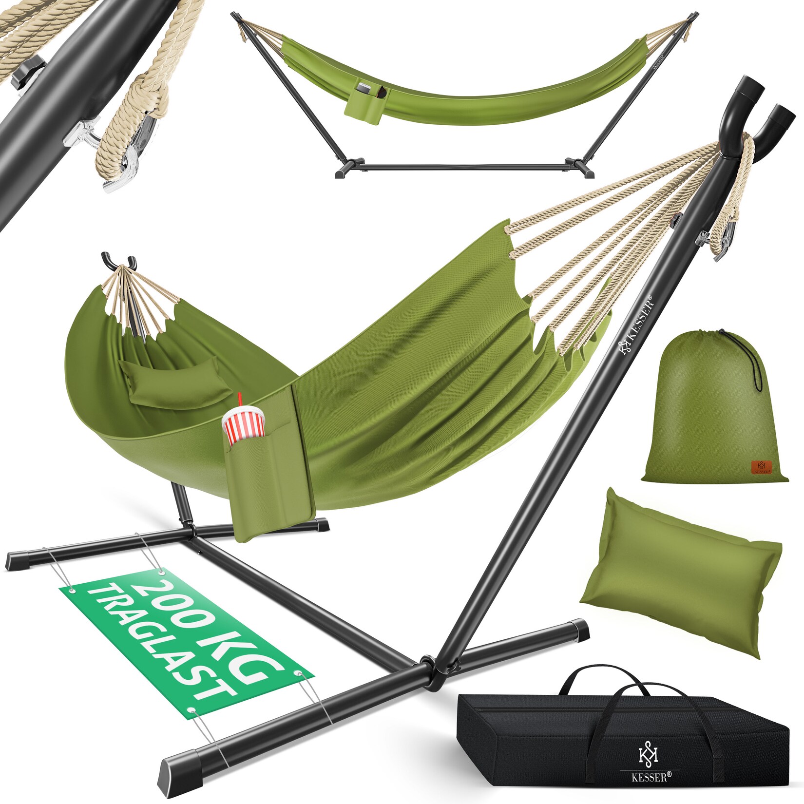 ® Hängematte LAKE mit Gestell Doppelhängematte für 2 Personen-Stabiler Rahmen  Belastbarkeit Indoor & Outdoor XXL Hängesessel Doppel Mehrpersonen Garten Pool Balkon Terrasse
