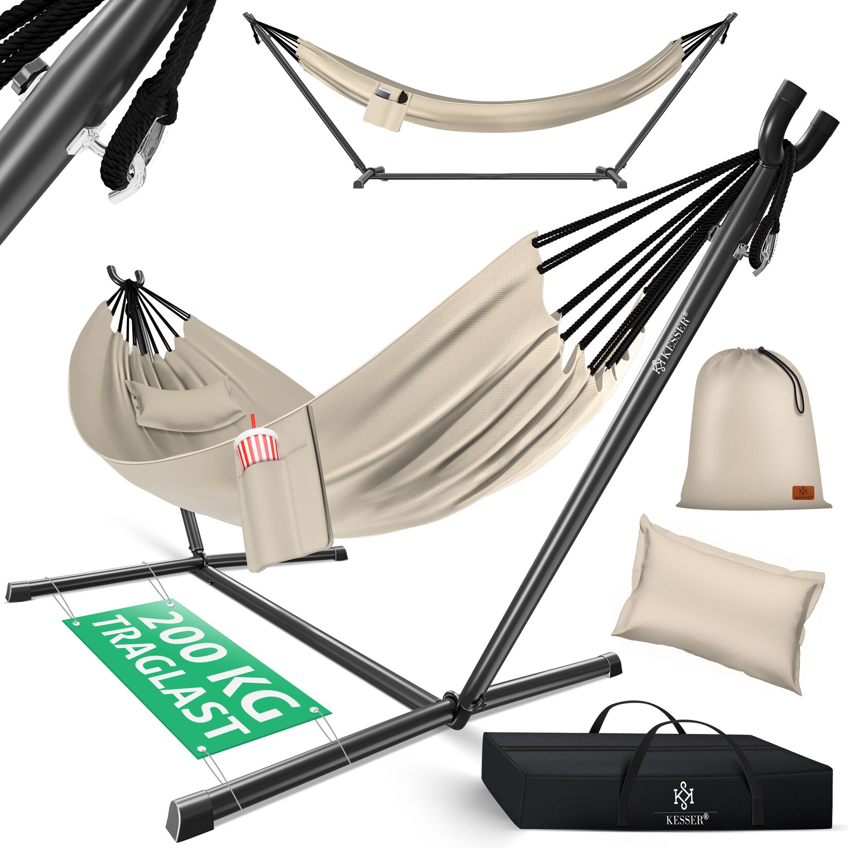 ® Hängematte LAKE mit Gestell Doppelhängematte für 2 Personen-Stabiler Rahmen  Belastbarkeit Indoor & Outdoor XXL Hängesessel Doppel Mehrpersonen Garten Pool Balkon Terrasse