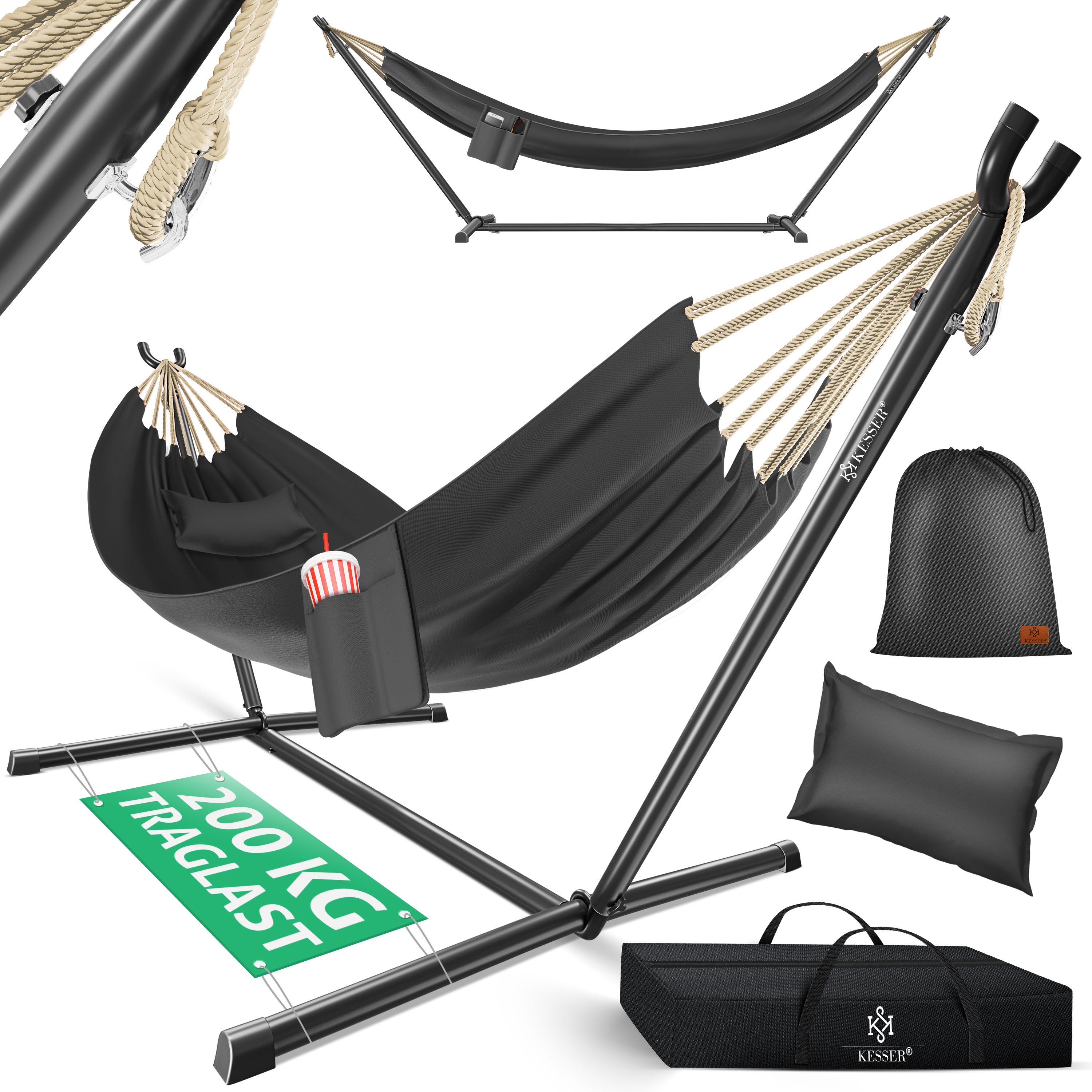 KESSER&reg; H&auml;ngematte LAKE mit Gestell Doppelh&auml;ngematte f&uuml;r 2 Personen-Stabiler Rahmen 200kg Belastbarkeit Indoor & Outdoor XXL H&auml;ngesessel Doppel Mehrpersonen Garten Pool Balkon Terrasse 