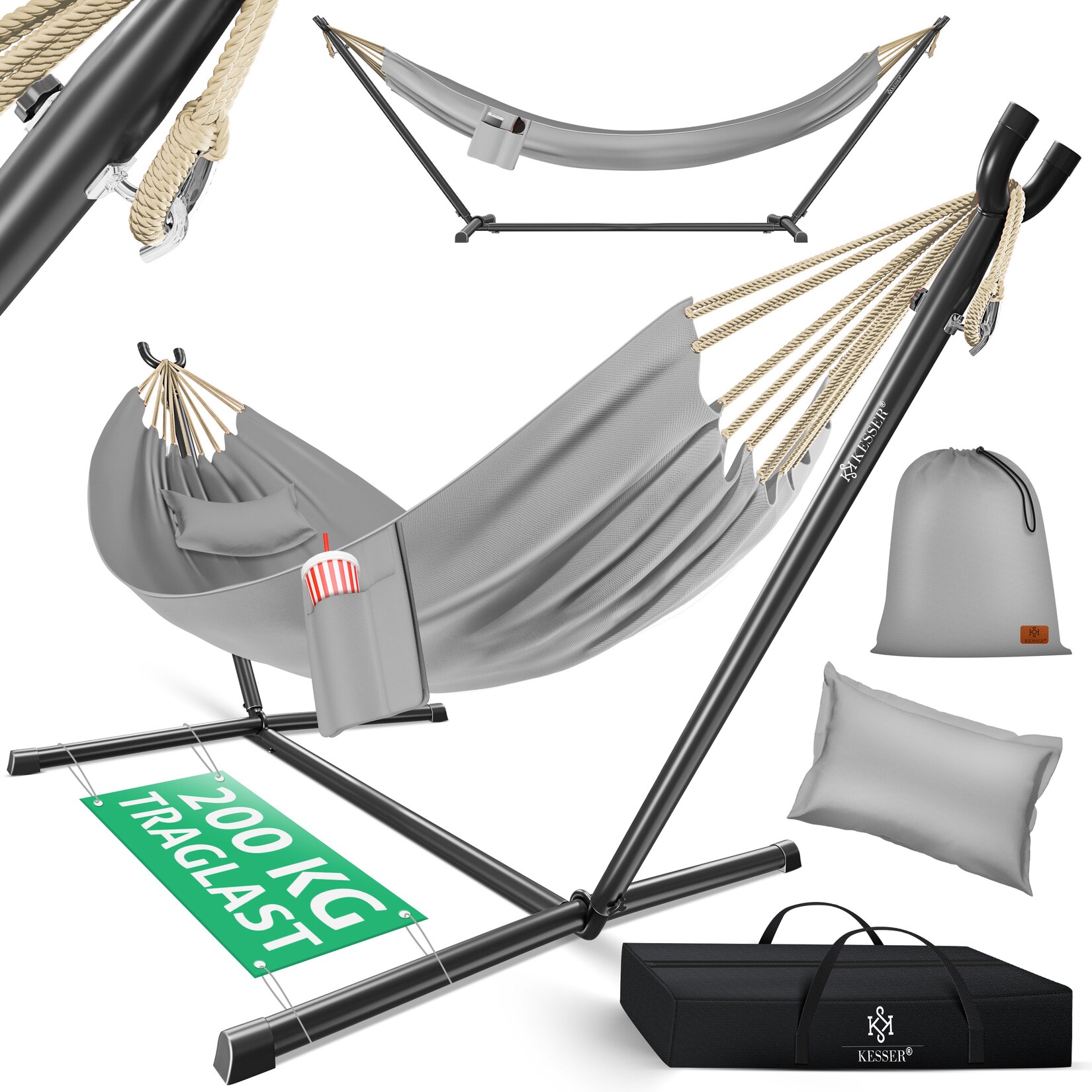 ® Hängematte LAKE mit Gestell Doppelhängematte für 2 Personen-Stabiler Rahmen  Belastbarkeit Indoor & Outdoor XXL Hängesessel Doppel Mehrpersonen Garten Pool Balkon Terrasse