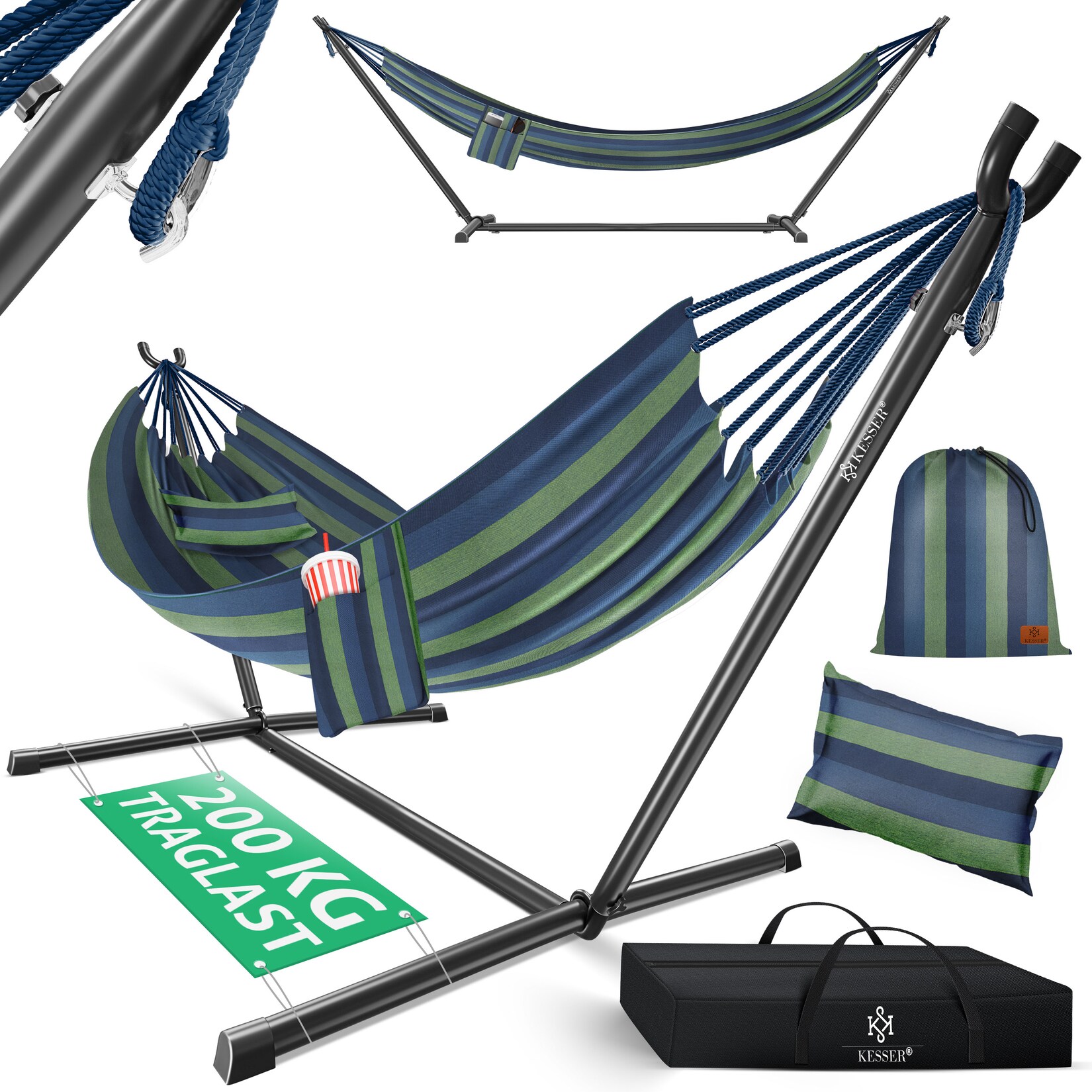 ® Hängematte LAKE mit Gestell Doppelhängematte für 2 Personen-Stabiler Rahmen  Belastbarkeit Indoor & Outdoor XXL Hängesessel Doppel Mehrpersonen Garten Pool Balkon Terrasse