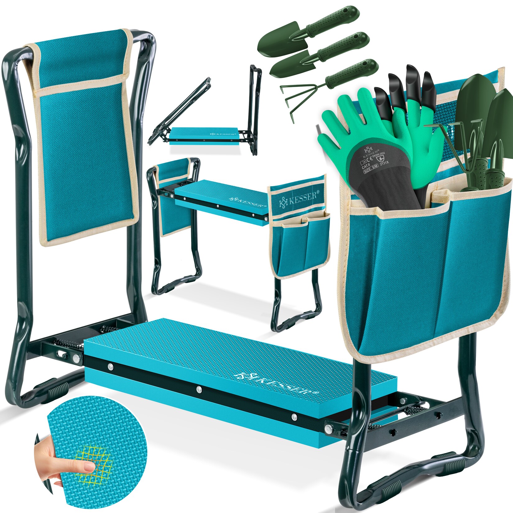 ® 2 in 1 XXL Kniebank für Gartenarbeit Gepolstert Sitzunterlage Eva-Schaumkissen Gartenhocker Klappbar Inkl. 2x Werkzeugtasche Gartenbank Höhenverstellbar 60 x 50 x 27 cm bis
