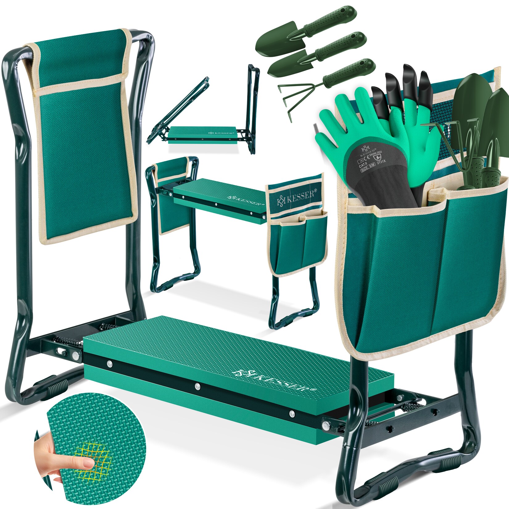 ® 2 in 1 XXL Kniebank für Gartenarbeit Gepolstert Sitzunterlage Eva-Schaumkissen Gartenhocker Klappbar Inkl. 2x Werkzeugtasche Gartenbank Höhenverstellbar 60 x 50 x 27 cm bis