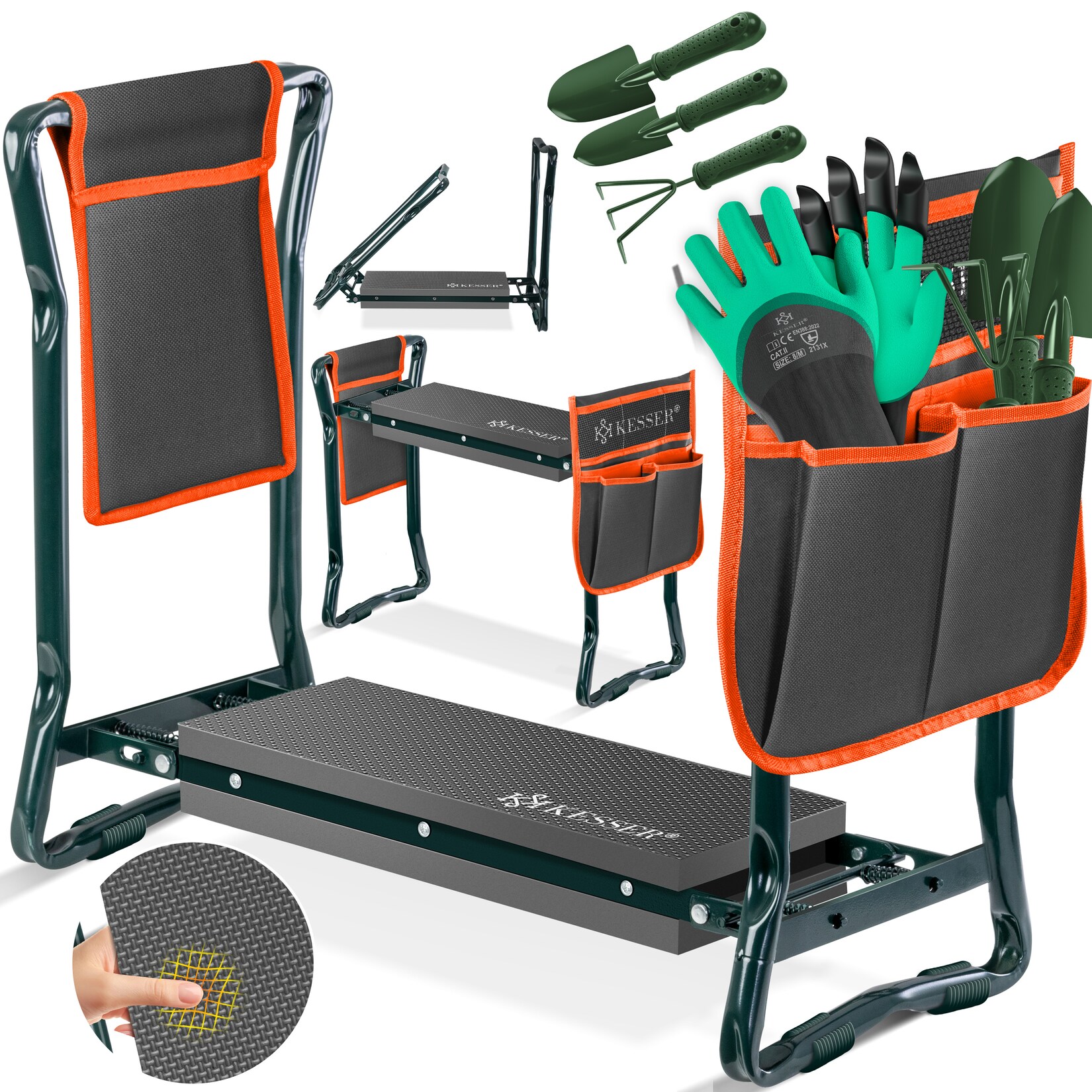 ® 2 in 1 XXL Kniebank für Gartenarbeit Gepolstert Sitzunterlage Eva-Schaumkissen Gartenhocker Klappbar Inkl. 2x Werkzeugtasche Gartenbank Höhenverstellbar 60 x 50 x 27 cm bis