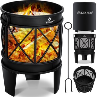 KESSER® Feuerschale Inkl. Abdeckung Feuerkorb mit Funkenschutz & Griffen + Schürhaken Feuerstelle 58 x 45 cm für Garten & Terrasse Metall Antik-Rost-Optik Multifunktional Fire Pit Heizung BBQ 