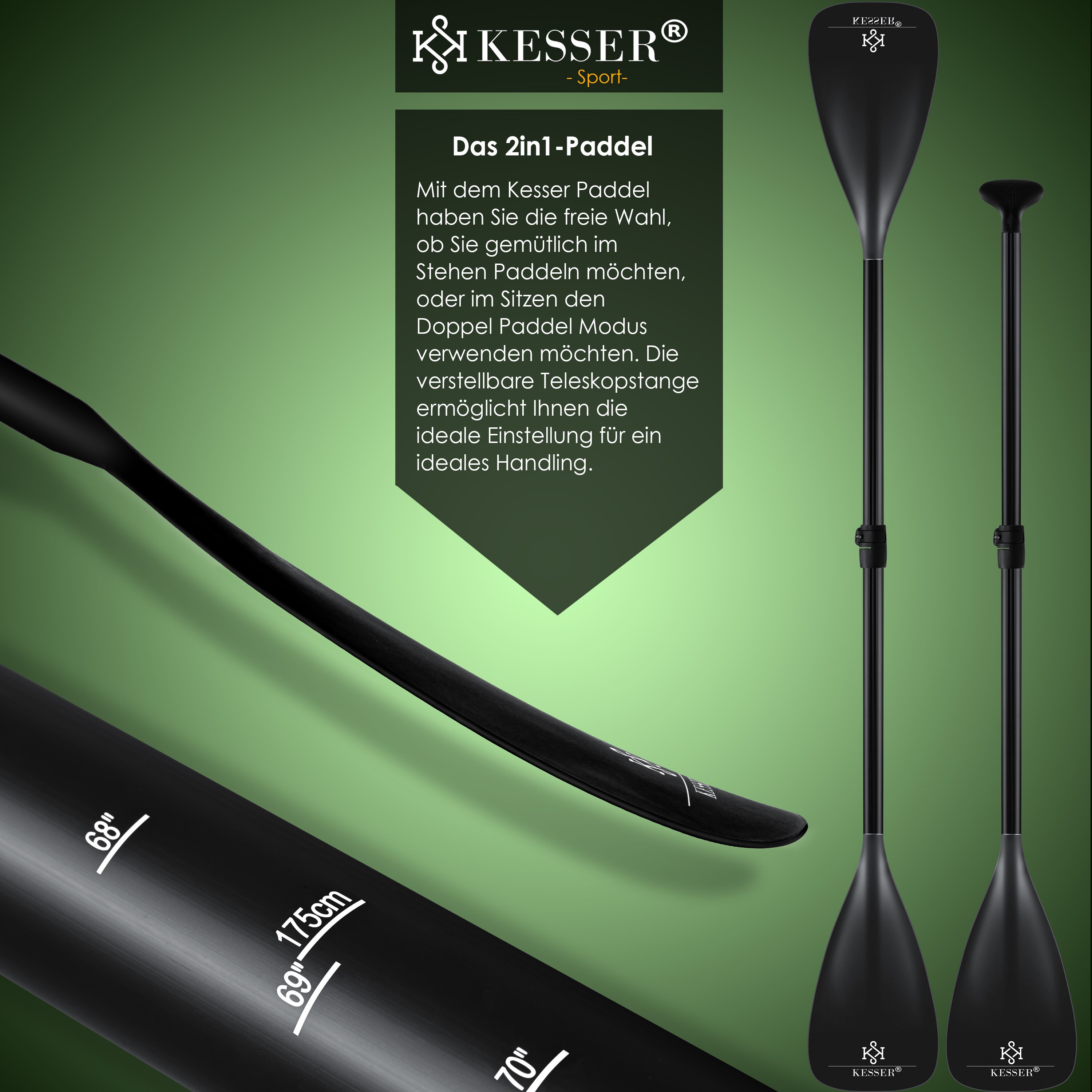 KESSER SUP Board Set – Aufblasbar, 6 Zoll Dick, 130 Kg, Inkl. Pumpe, Paddel, Rucksack, Kamera-Halter