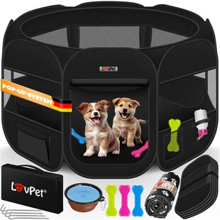 LOVPET® Welpenlaufstall Tierlaufstall Faltbar für Kleintiere Hunde, Katzen Inkl. Hundenapf Hundelaufstall Freigehege Oxfordgewebe Pop-up System Indoor & Outdoor 