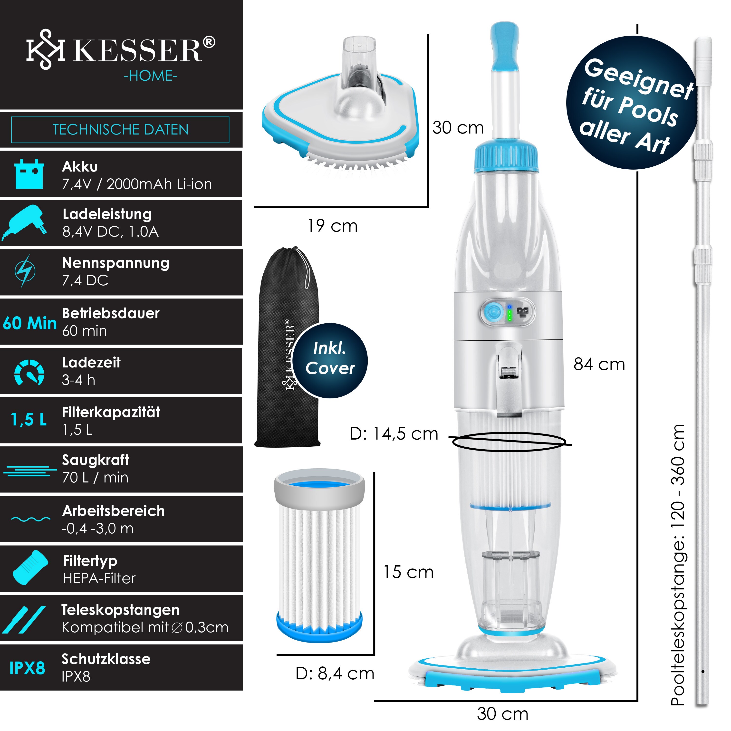 Poolypoly 3 Kabellos Pool Sauger Boden PoolyPoly Kabelloser Poolsauger – 3 -in-1 Mit Teleskopstange | 90 Min. Laufzeit Für Kleine Pools & Whirlpools Akku Poolsauger Poolypoly 3 En 1