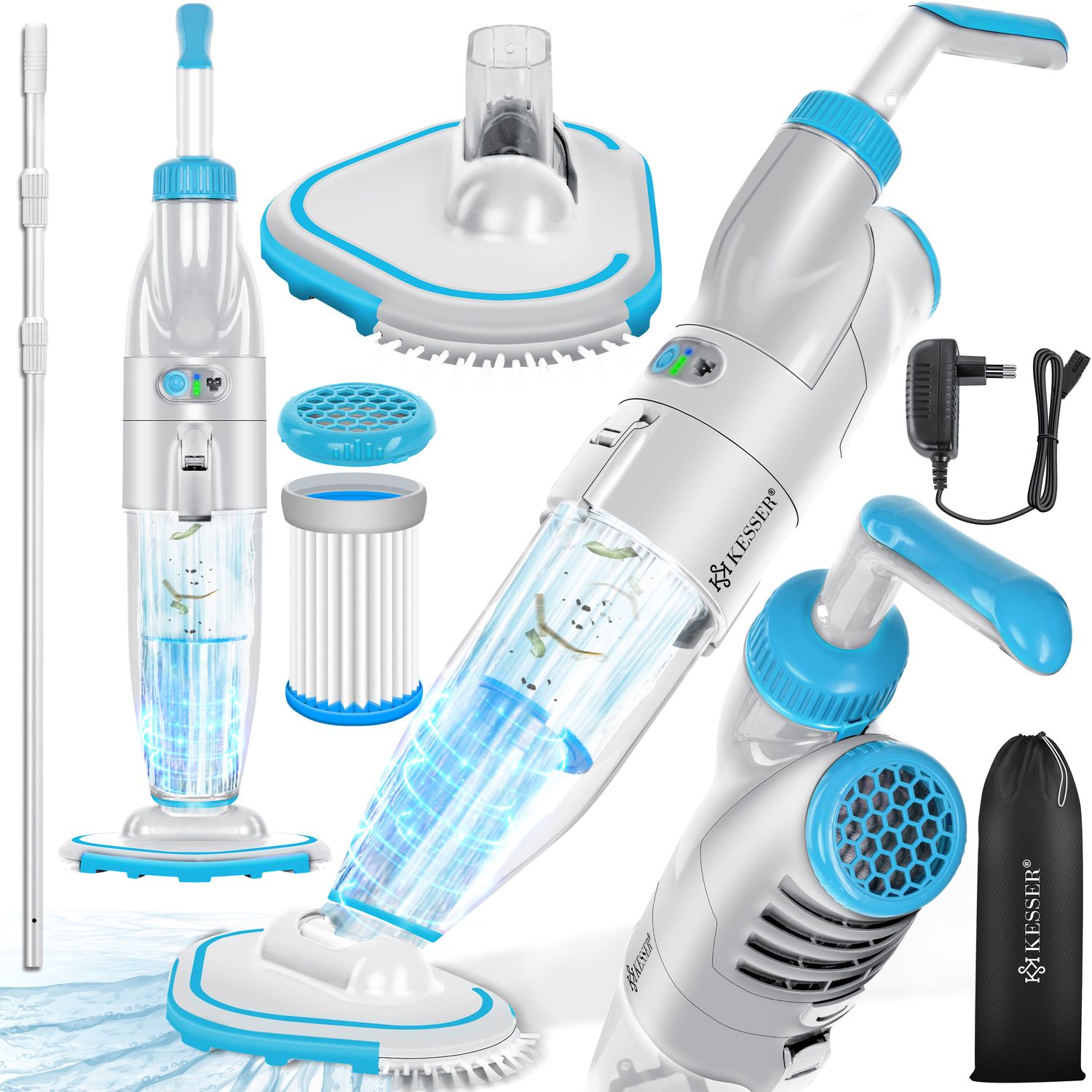 KESSER&reg; Poolsauger mit Akku | elektrisch Pool Bodensauger Handsauger | Poolreiniger mit Filter & 2-Geschwindigkeits-System | Handsauger Reinigungsset kabellos, Inkl. Abdeckung 