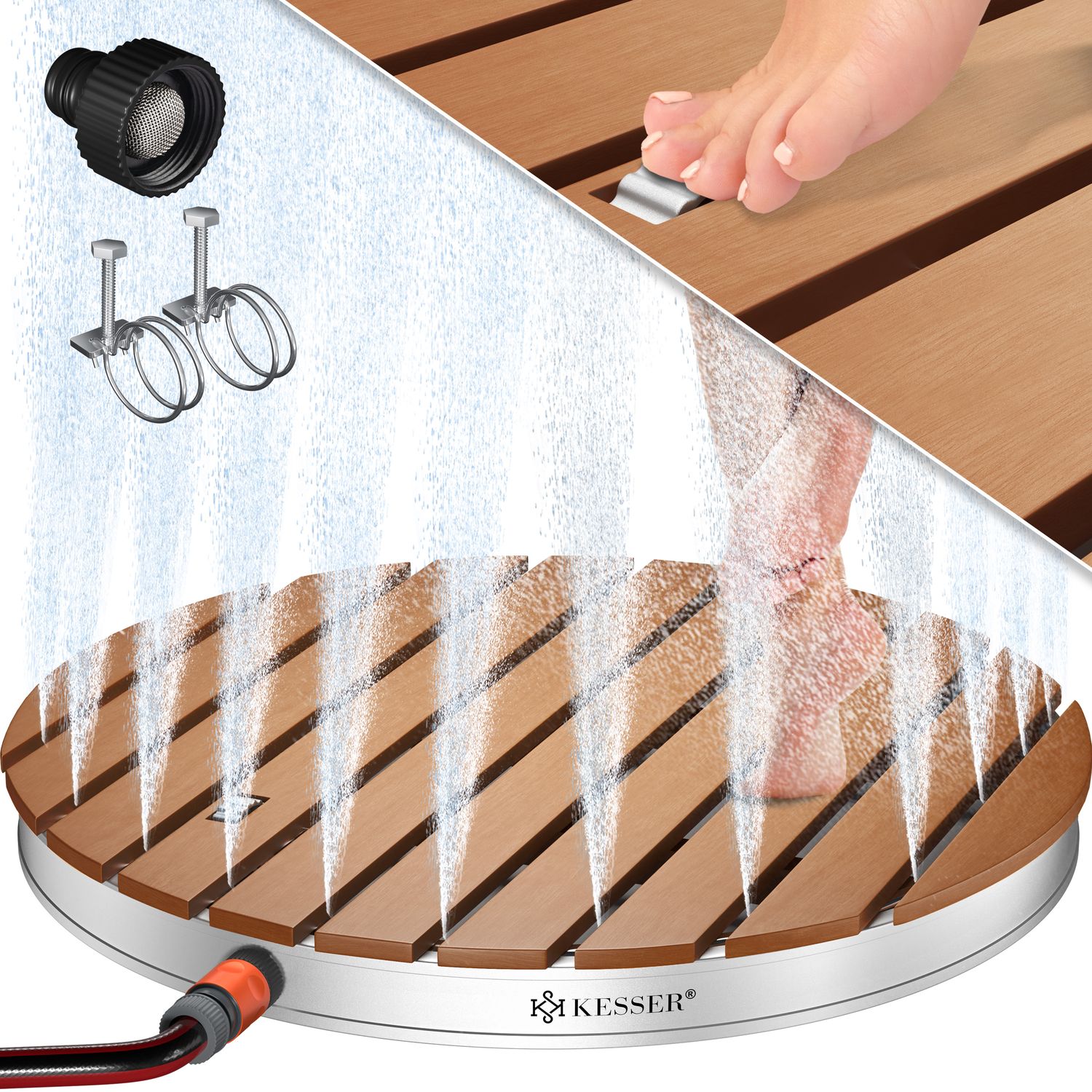 KESSER&reg; Gartendusche Bodendusche Au&szlig;endusche Saunadusche Campingdusche 70x55 cm Rechteck Font&auml;nenh&ouml;he bis 4 m einstellbar Mit Fu&szlig;rad, Aluminium/WPC, rutschfeste Standfl&auml;che Wetterfest, Holzoptik 