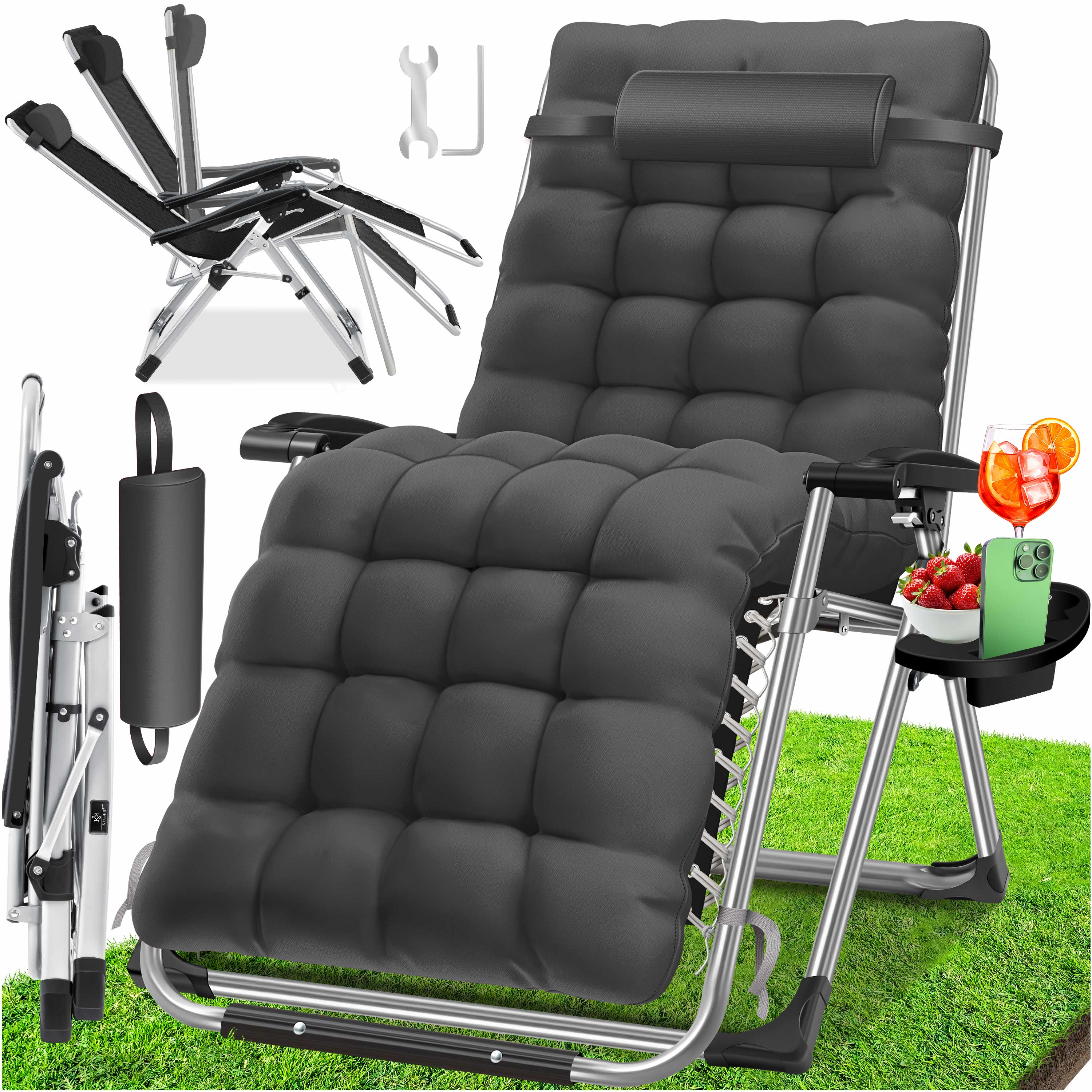 KESSER&reg; Sonnenliege Liegestuhl Klappbar Mit Getr&auml;nkehalter Gartenstuhl Mit Auflage Polster, Liegestuhl, Extra gro&szlig; Gartenliege, Verstellbar R&uuml;ckenlehne Garten Liege mit Kissen-Unterst&uuml;tzung 