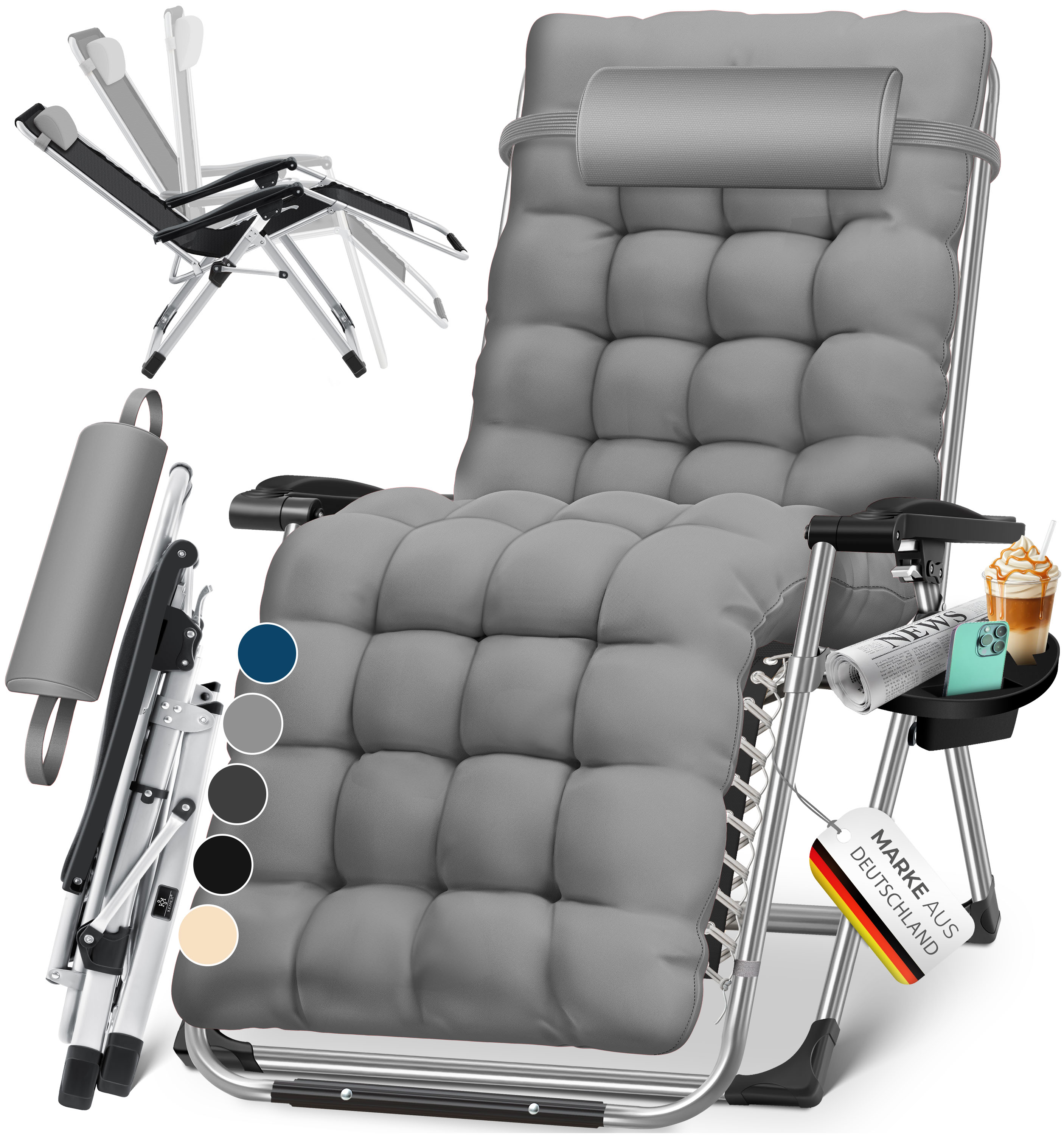 KESSER&reg; Sonnenliege Liegestuhl Klappbar Mit Getr&auml;nkehalter Gartenstuhl Mit Auflage Polster, Liegestuhl, Extra gro&szlig; Gartenliege, Verstellbar R&uuml;ckenlehne Garten Liege mit Kissen-Unterst&uuml;tzung 