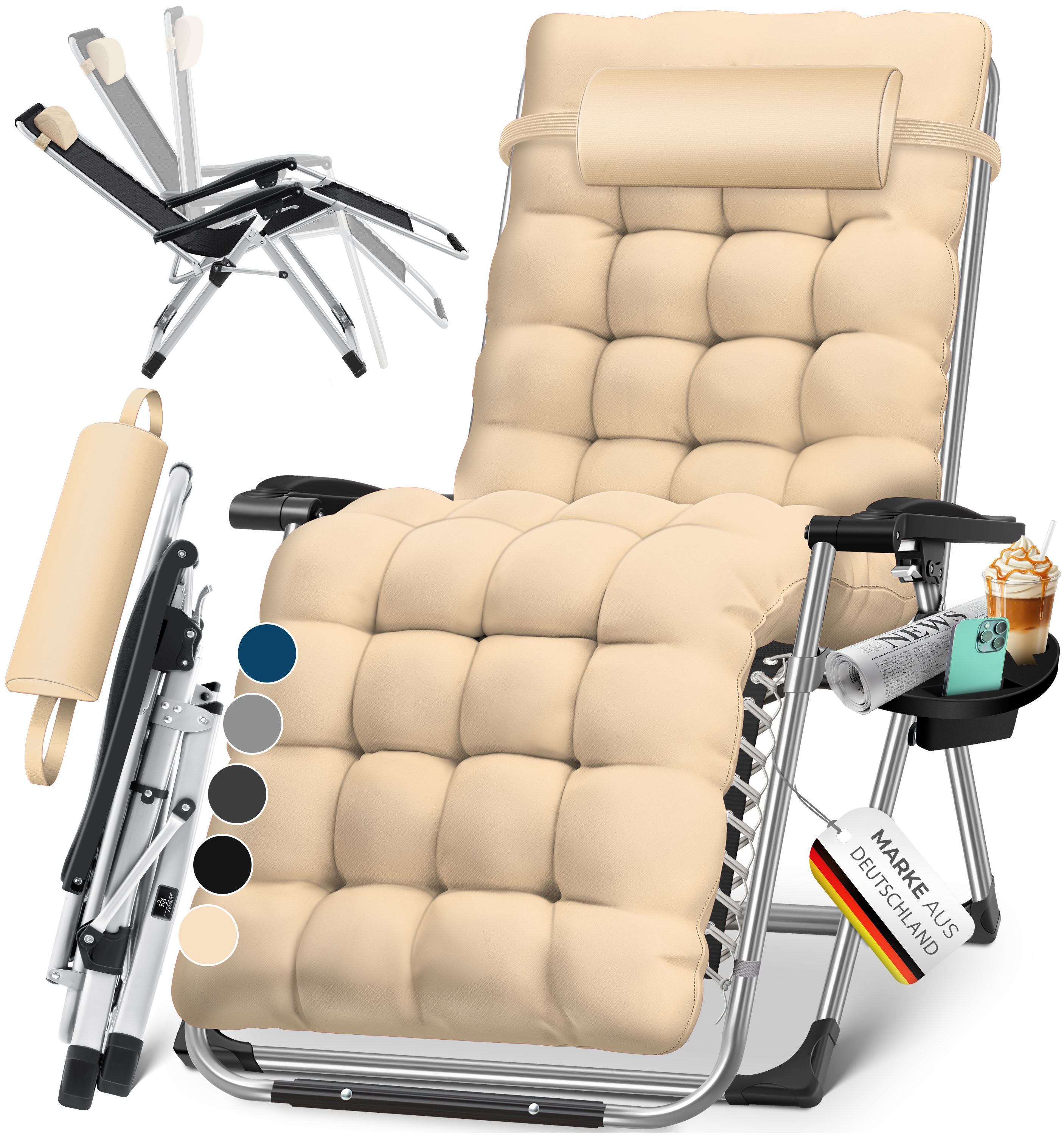 KESSER&reg; Sonnenliege Liegestuhl Klappbar Mit Getr&auml;nkehalter Gartenstuhl Mit Auflage Polster, Liegestuhl, Extra gro&szlig; Gartenliege, Verstellbar R&uuml;ckenlehne Garten Liege mit Kissen-Unterst&uuml;tzung 
