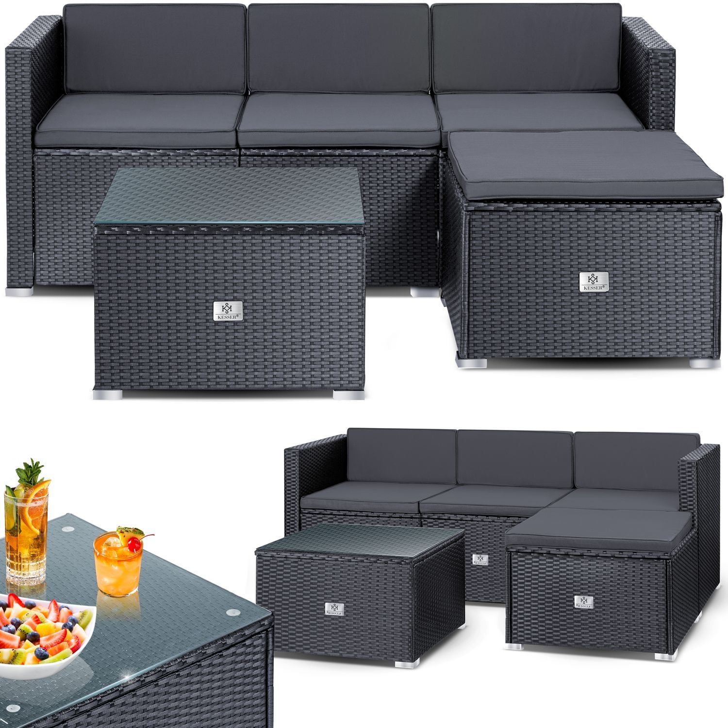 KESSER&reg; Polyrattan Lounge Aruba &ndash; Gartenlounge f&uuml;r 3-4 Personen Gartenm&ouml;bel-Set Sitzgruppe aus 3er Gartensofa, Sessel, Hocker und Beistelltisch mit Sitzkissen - f&uuml;r Garten, Terrasse und Balkon 