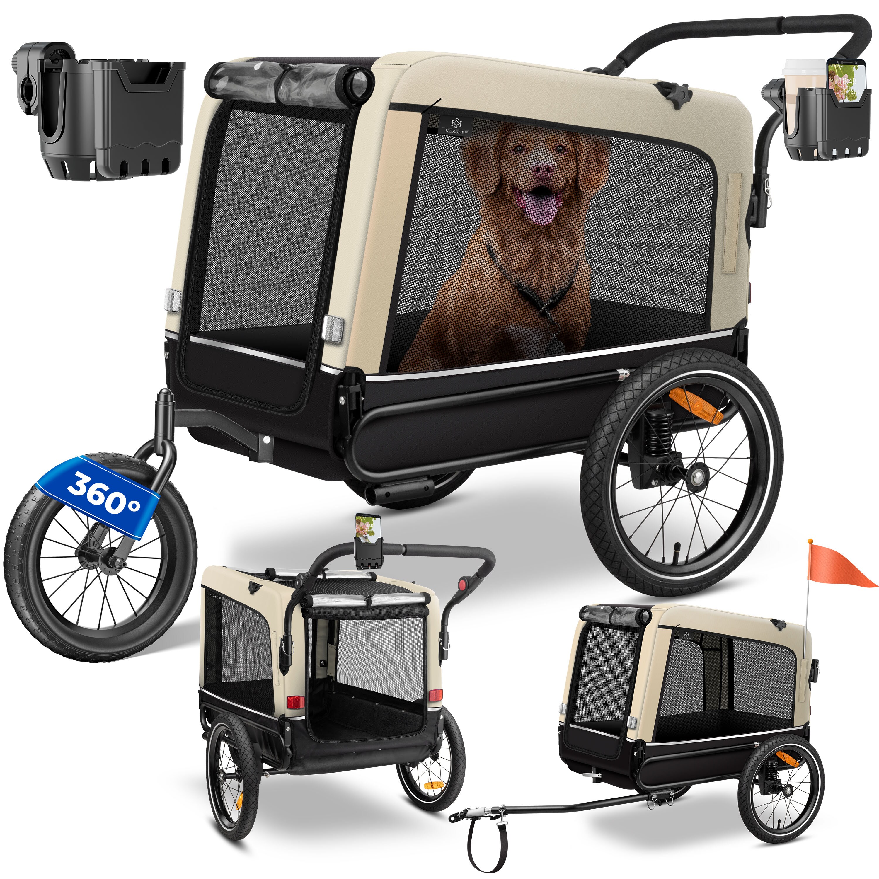 KESSER&reg; Hundeanh&auml;nger Boxer 3-in-1 Hundebuggy & Jogger Fahrradanh&auml;nger gro&szlig; ca. 240 Liter Volumen, gefedert, 360&deg; Grad Vorderrad, 600D Oxford Canvas, SmartSpace Concept, maximale Belastbarkeit: 40 kg 