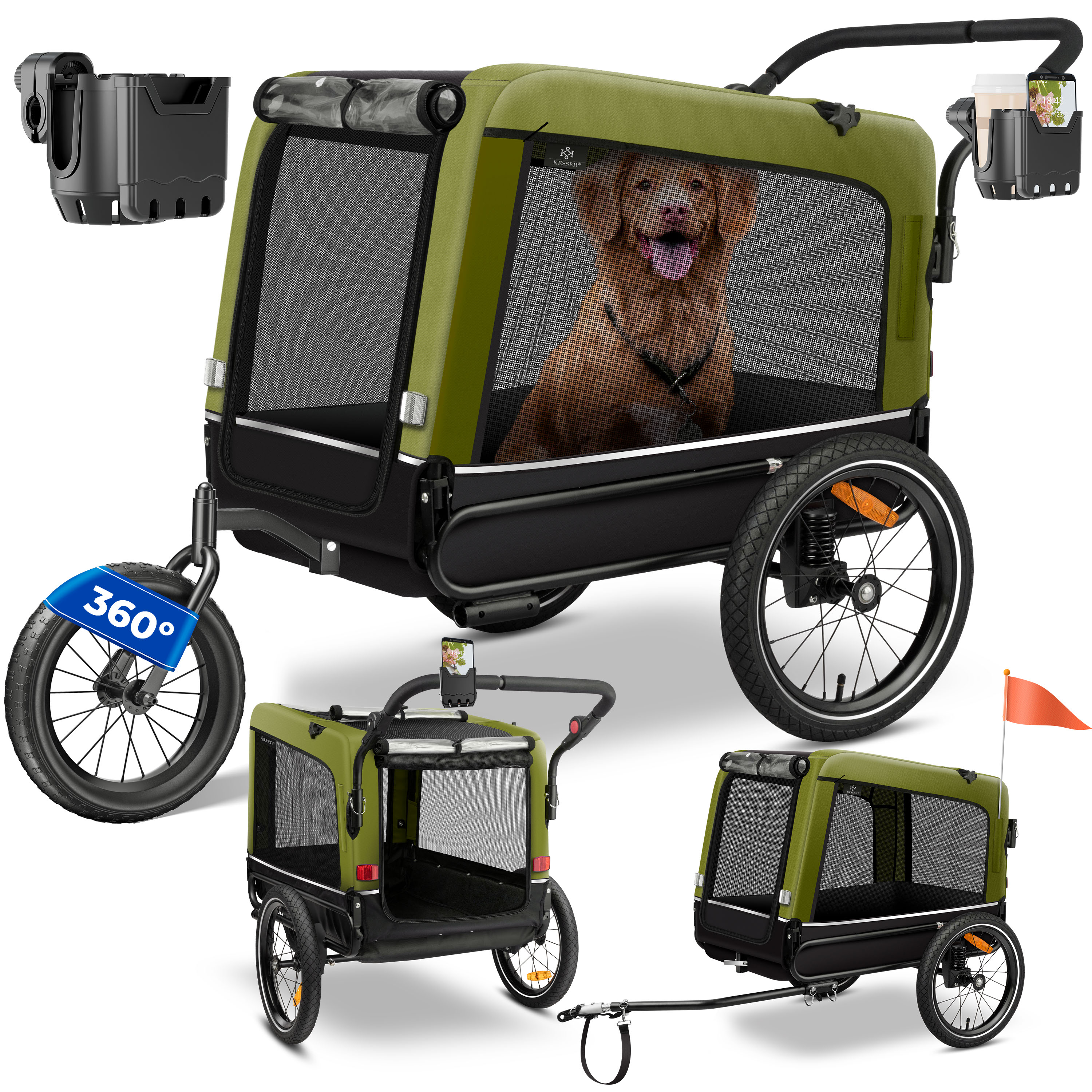 KESSER&reg; Hundeanh&auml;nger Boxer 3-in-1 Hundebuggy & Jogger Fahrradanh&auml;nger gro&szlig; ca. 240 Liter Volumen, gefedert, 360&deg; Grad Vorderrad, 600D Oxford Canvas, SmartSpace Concept, maximale Belastbarkeit: 40 kg 