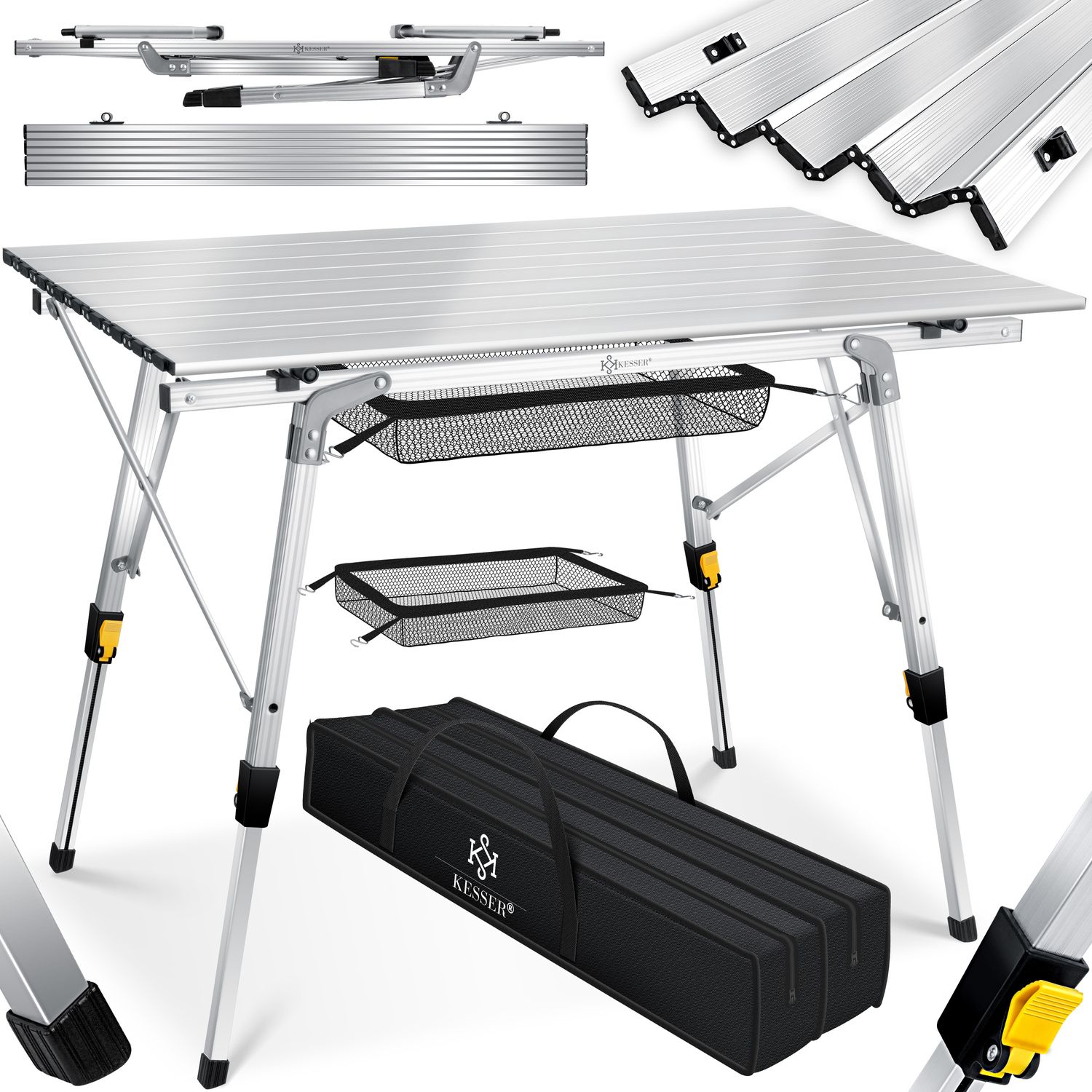 KESSER&reg; Campingtisch faltbar Klapptisch mit Aluminiumrahmen Aufrollbare Tischplatte Falttisch klappbar h&ouml;henverstellbar inkl. Tragetasche mit Trageband & Netztasche 