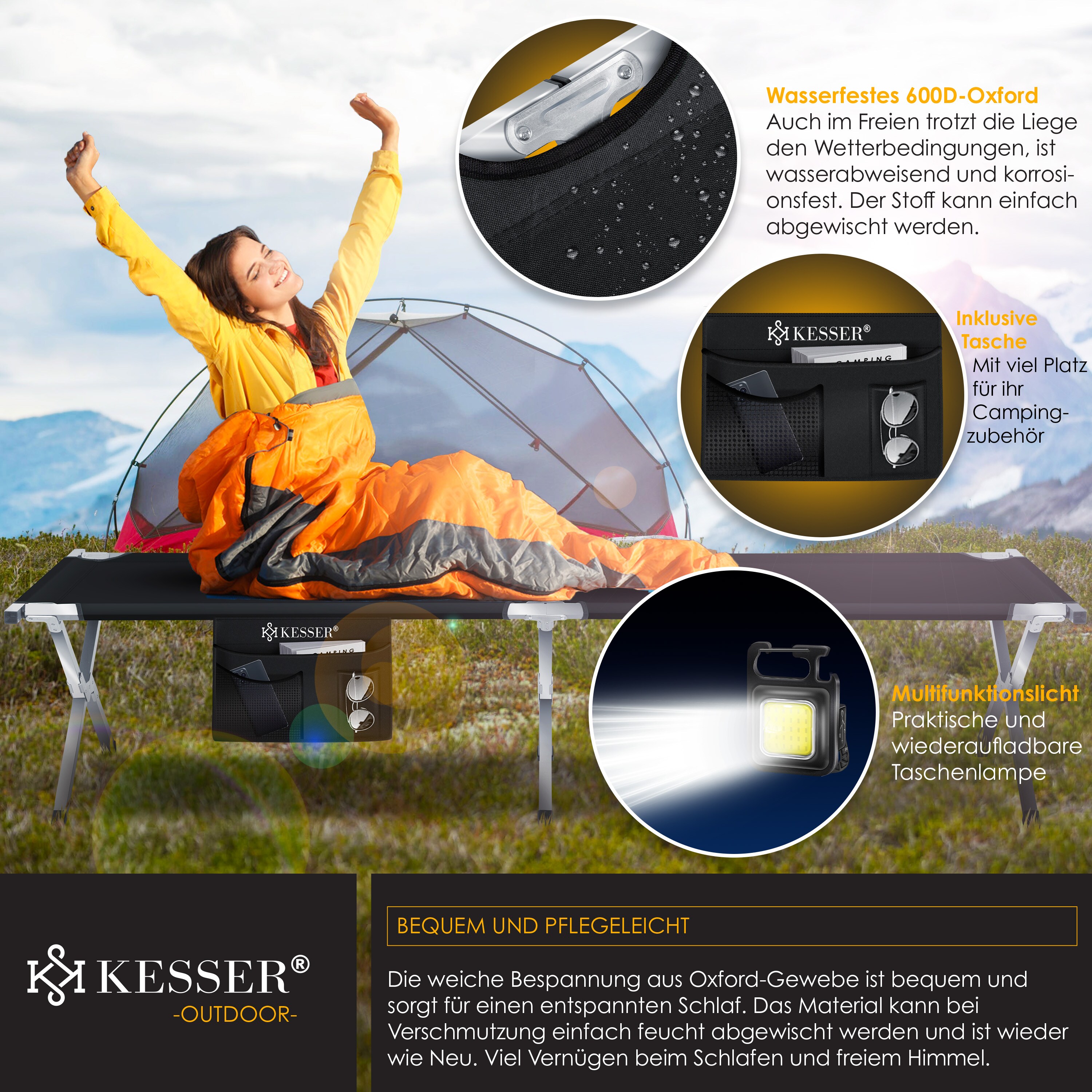 KESSER® Campingbett Klappbett Inkl.Tragetasche und Seitentasche Stabiles Feldbett 150 kg Belastbar Metallrohr 600D Oxfordgewebe Tragbar Lieg