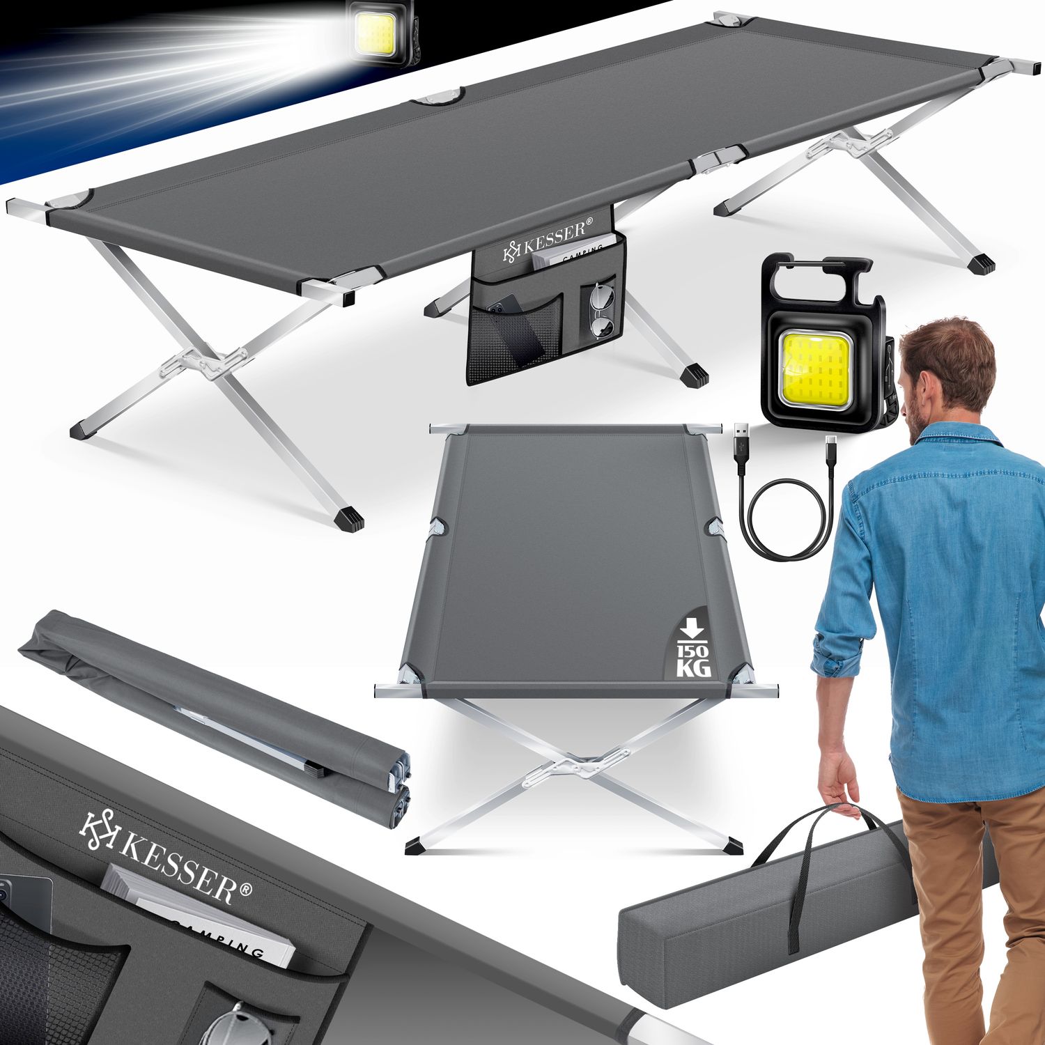 KESSER&reg; Campingbett Klappbett Inkl.Tragetasche und Seitentasche Stabiles Feldbett 150 kg Belastbar Metallrohr 600D Oxfordgewebe Tragbar Liege Reise Bequem 