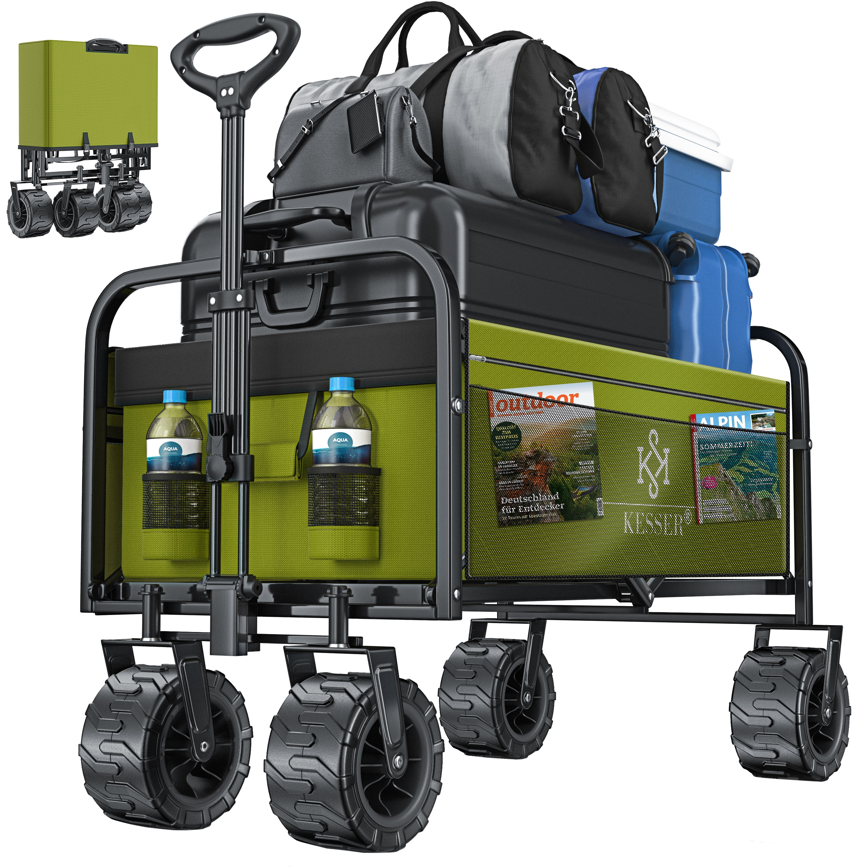 KESSER&reg; Bollerwagen faltbar mit Breite Reifen Handwagen Transportkarre Ger&auml;tewagen | inkl. 2 Netztaschen | klappbar | Kunststoff-Reifen | bis 150 kg Tragkraft transportwagen Gartenanh&auml;nger 