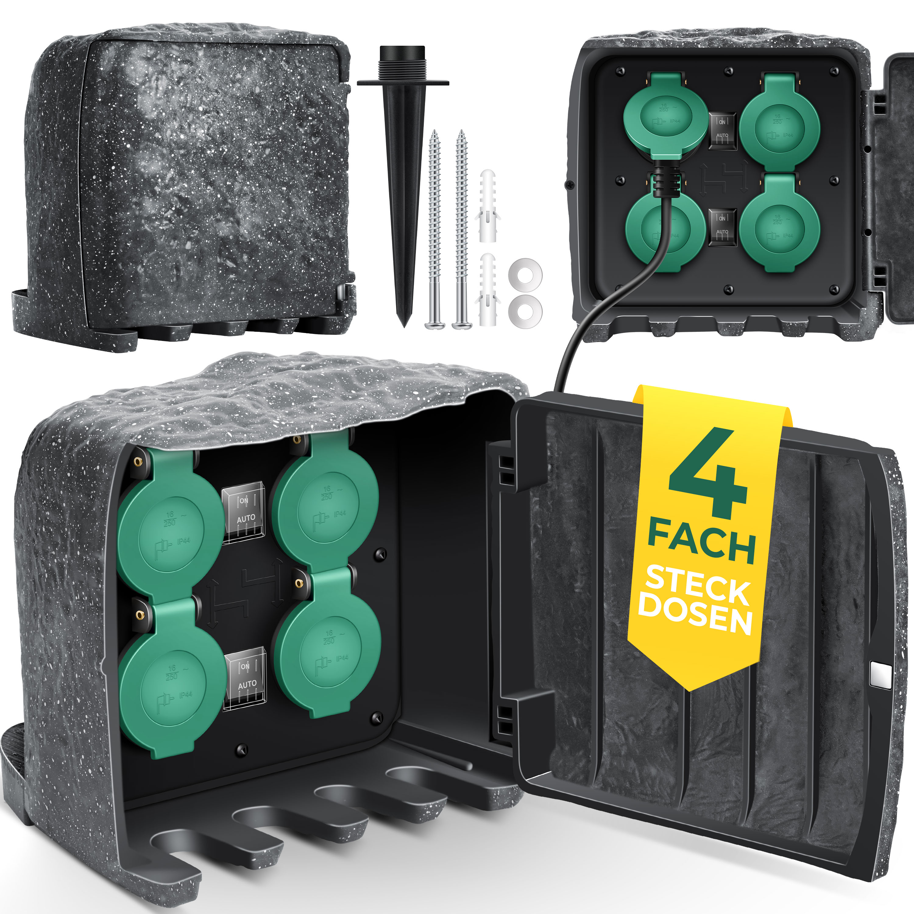 KESSER&reg; Gartensteckdose Steinoptik mit 4 Steckpl&auml;tzen Inkl.Erdspie&szlig;, Mehrfachsteckdosen aussen mit 3m Verl&auml;ngerungskabel Au&szlig;ensteckdose IP44 Wasserdicht Steinsteckdose mit ON/Auto D&auml;mmerungssensor 