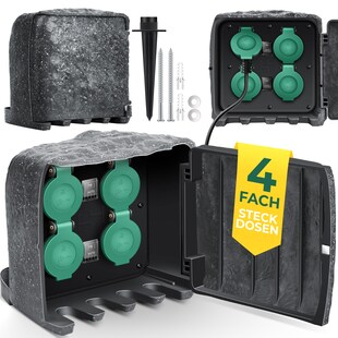 KESSER® Gartensteckdose Steinoptik mit 4 Steckplätzen Inkl.Erdspieß, Mehrfachsteckdosen aussen mit 3m Verlängerungskabel Außensteckdose IP44 Wasserdicht Steinsteckdose mit ON/Auto Dämmerungssensor 