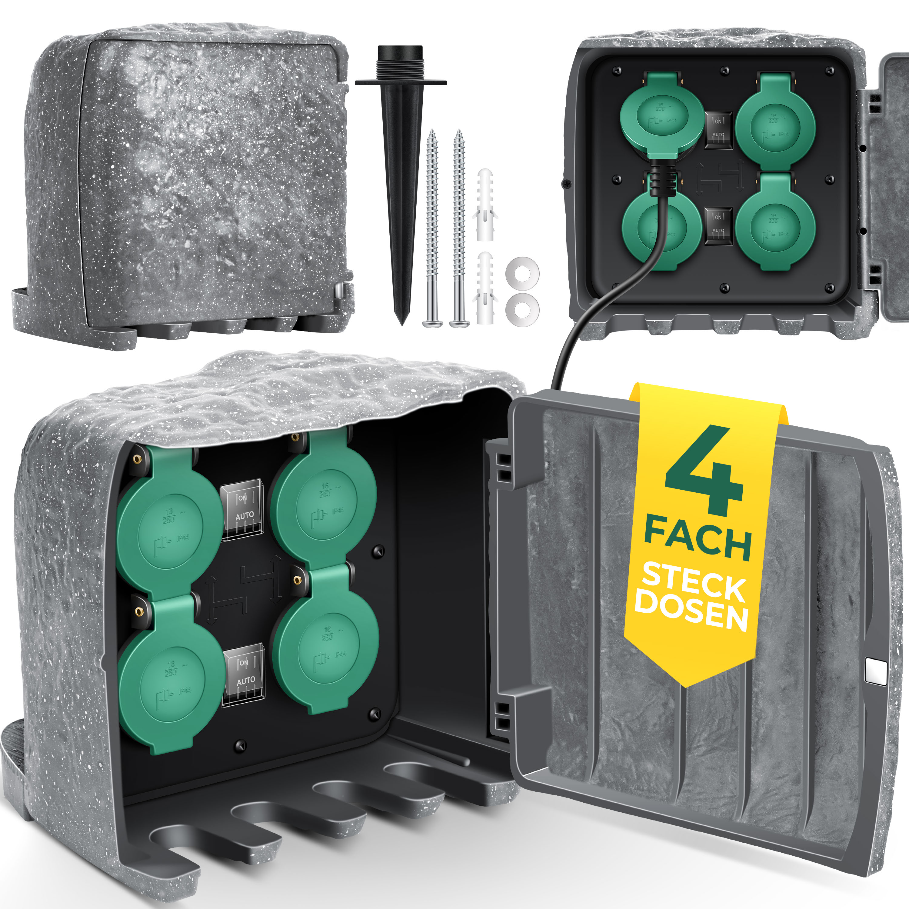 KESSER&reg; Gartensteckdose Steinoptik mit 4 Steckpl&auml;tzen Inkl.Erdspie&szlig;, Mehrfachsteckdosen aussen mit 3m Verl&auml;ngerungskabel Au&szlig;ensteckdose IP44 Wasserdicht Steinsteckdose mit ON/Auto D&auml;mmerungssensor 