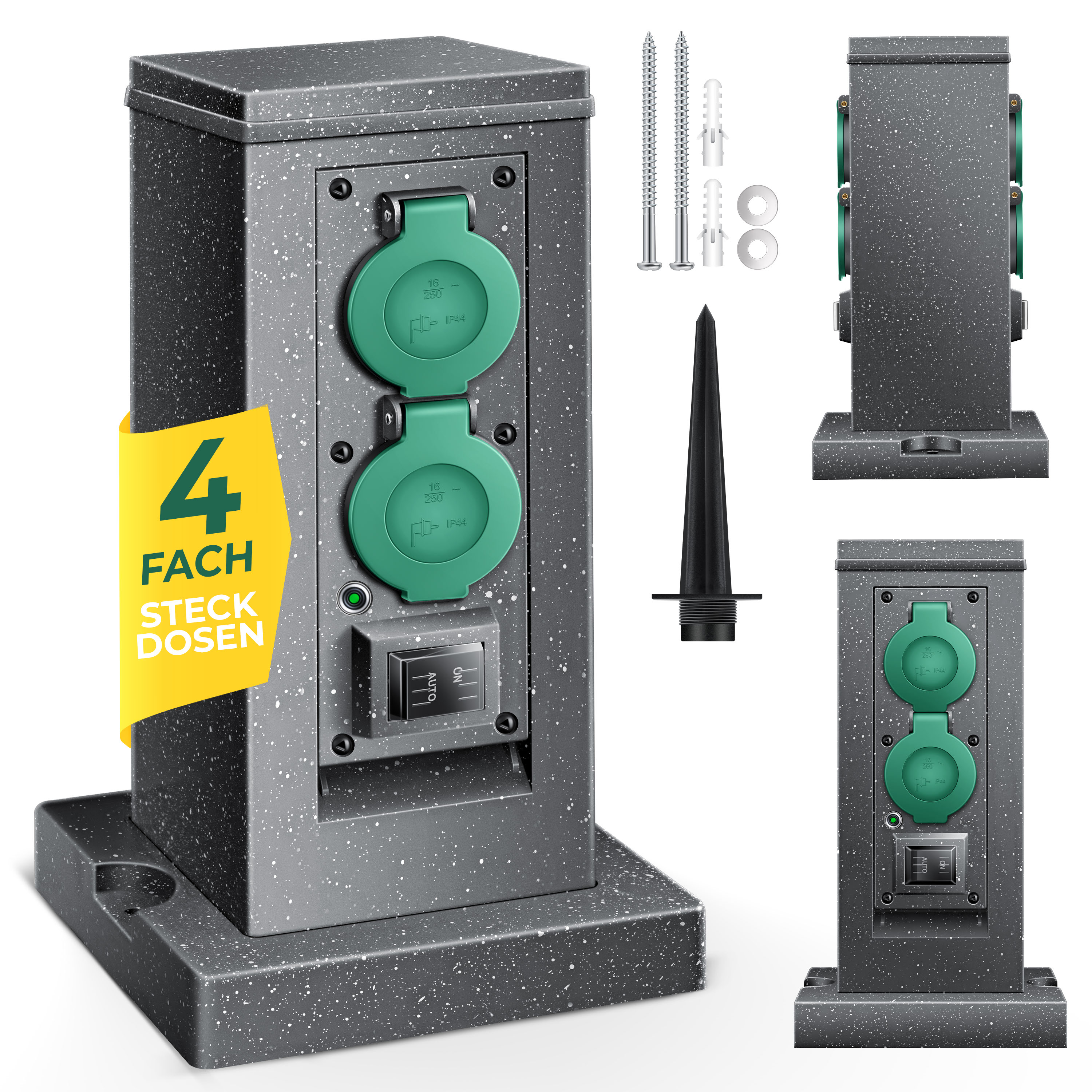 KESSER&reg; Gartensteckdose Steinoptik mit 4 Steckpl&auml;tzen Inkl.Erdspie&szlig;, Mehrfachsteckdosen aussen mit 3m Verl&auml;ngerungskabel Au&szlig;ensteckdose IP44 Wasserdicht Steinsteckdose mit ON/Auto D&auml;mmerungssensor 