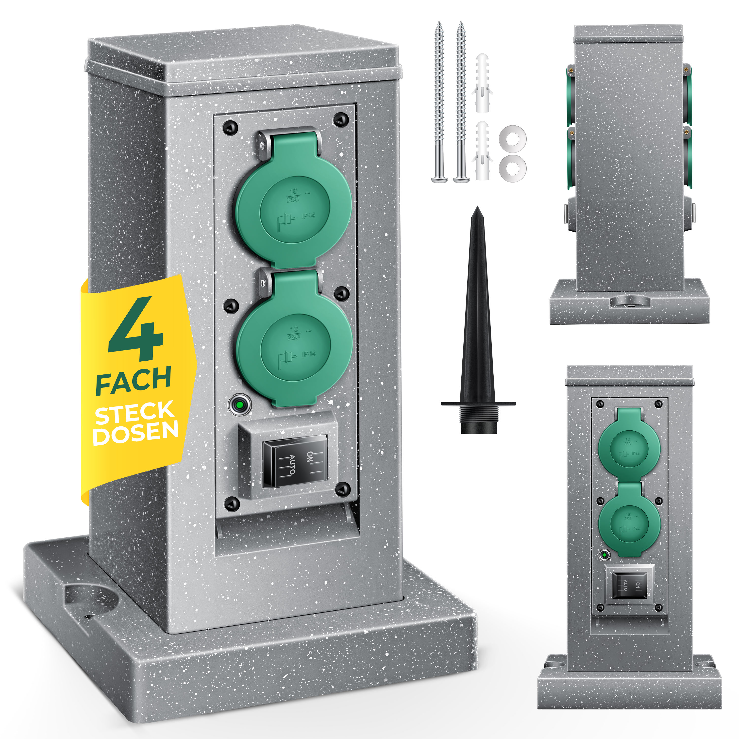 KESSER&reg; Gartensteckdose Steinoptik mit 4 Steckpl&auml;tzen Inkl.Erdspie&szlig;, Mehrfachsteckdosen aussen mit 3m Verl&auml;ngerungskabel Au&szlig;ensteckdose IP44 Wasserdicht Steinsteckdose mit ON/Auto D&auml;mmerungssensor 