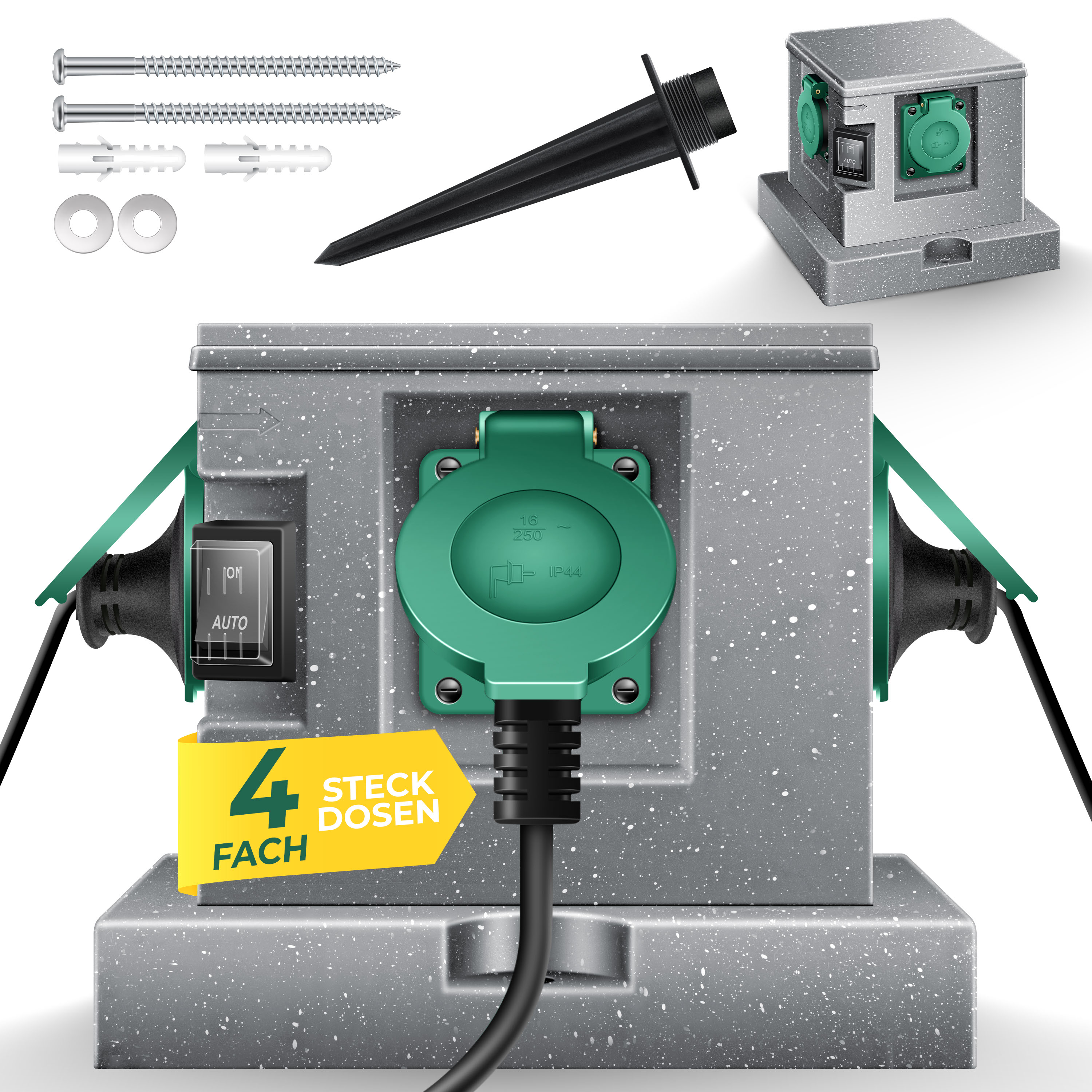 KESSER&reg; Gartensteckdose Steinoptik mit 4 Steckpl&auml;tzen Inkl.Erdspie&szlig;, Mehrfachsteckdosen aussen mit 3m Verl&auml;ngerungskabel Au&szlig;ensteckdose IP44 Wasserdicht Steinsteckdose mit ON/Auto D&auml;mmerungssensor 