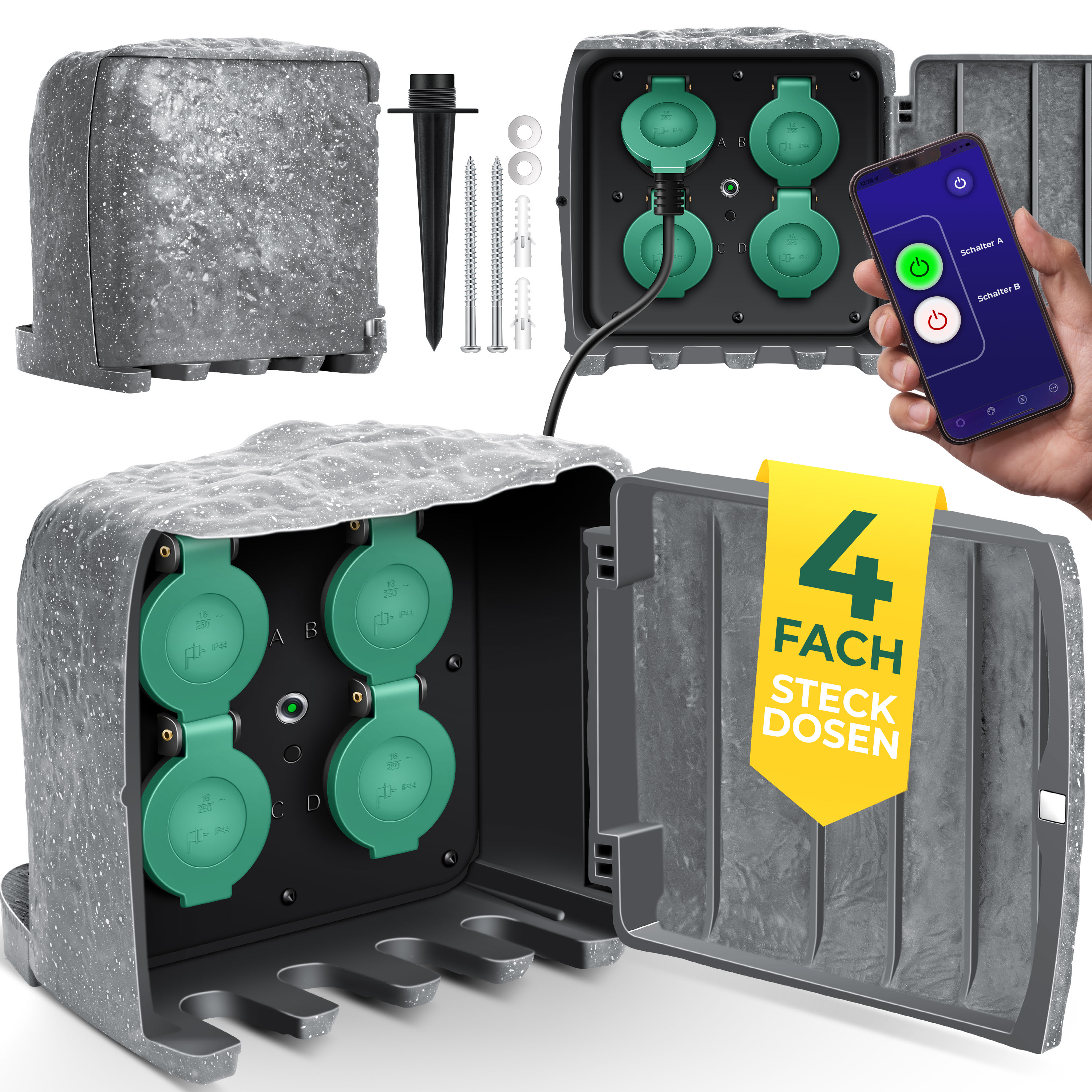 KESSER&reg; Gartensteckdose Steinoptik mit 4 Steckpl&auml;tzen - mit WiFi Funktion Steuerung per App - Inkl.Erdspie&szlig;, Mehrfachsteckdosen aussen mit 3m Verl&auml;ngerungskabel Au&szlig;ensteckdose IP44 D&auml;mmerungssensor 