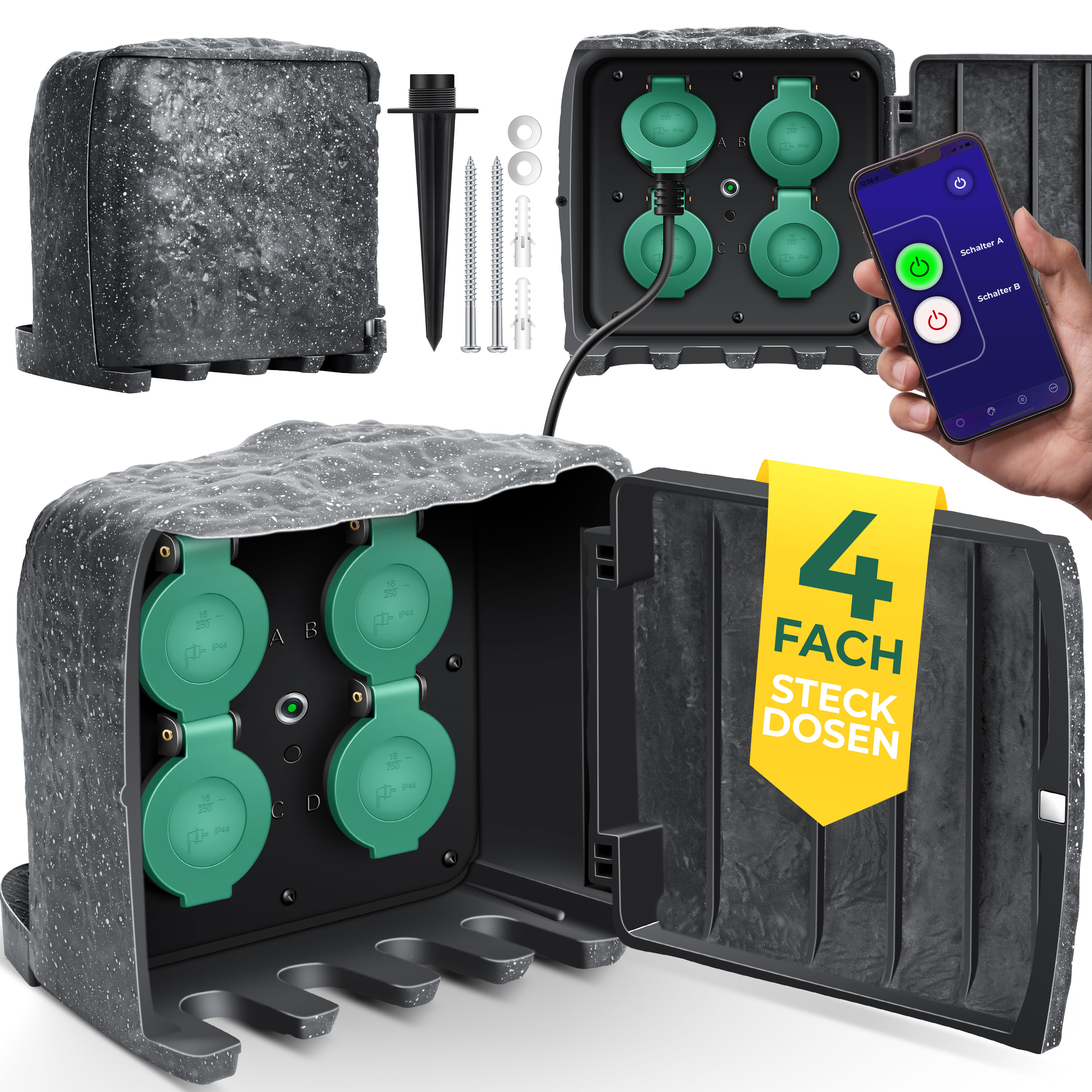 KESSER&reg; Gartensteckdose Steinoptik mit 4 Steckpl&auml;tzen - mit WiFi Funktion Steuerung per App - Inkl.Erdspie&szlig;, Mehrfachsteckdosen aussen mit 3m Verl&auml;ngerungskabel Au&szlig;ensteckdose IP44 D&auml;mmerungssensor 