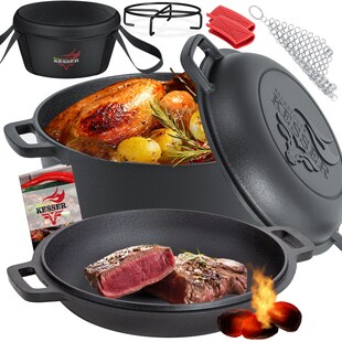 KESSER® Dutch Oven 2in1 Gusseisen Topf 4,8L und Pfanne 1,8L einsatzfertig eingebrannt Inkl. Kochbuch Schmortopf Doppelfunktion Deckel/Bratpfanne für Küche Camping Garten BBQ Backen Gasgrill 