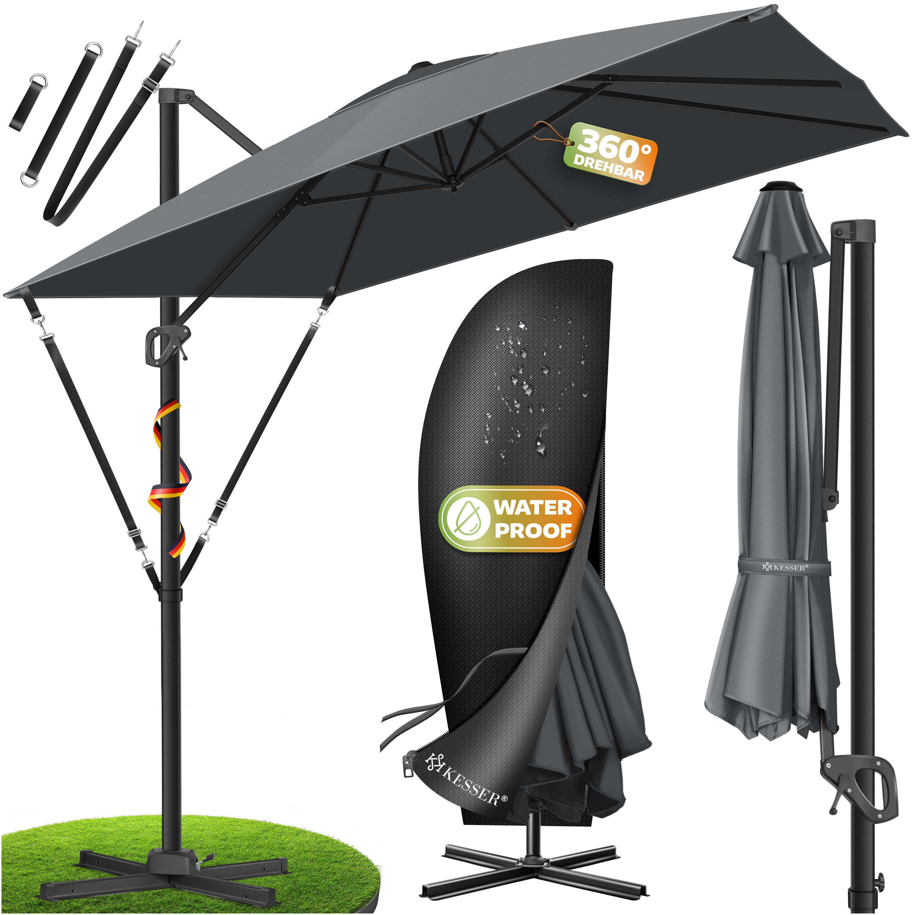 KESSER&reg; Sonnenschirm Ampelschirm SUN XL 300 x 300 cm Inkl. Abdeckung +Windsicherung Drehbar Neigbar Kippbar Marktschirm Gro&szlig; 360&deg; Rotation, Gartenschirm mit Kurbel Sonnenschutz UV50+ 