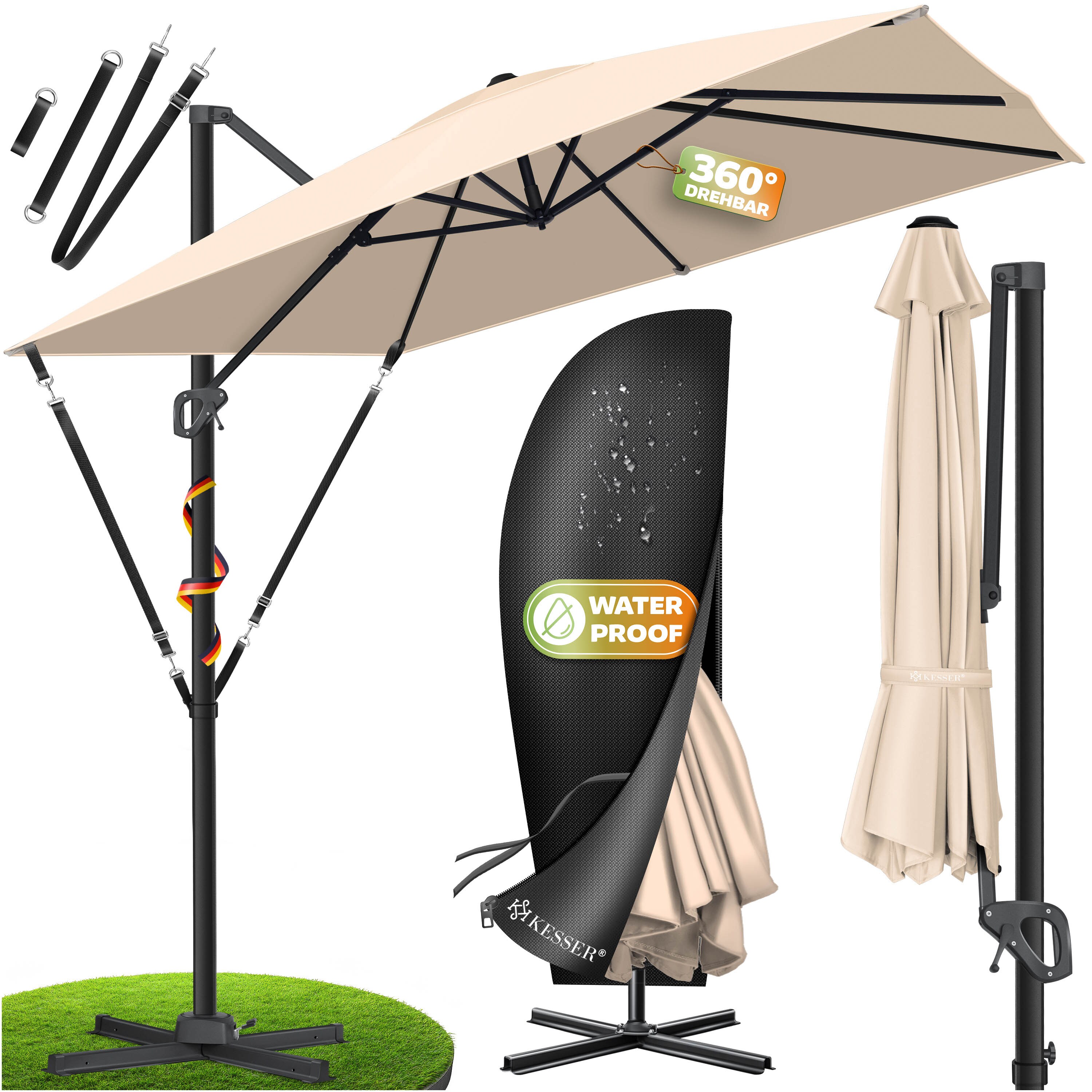 KESSER&reg; Sonnenschirm Ampelschirm SUN XL 300 x 300 cm Inkl. Abdeckung +Windsicherung Drehbar Neigbar Kippbar Marktschirm Gro&szlig; 360&deg; Rotation, Gartenschirm mit Kurbel Sonnenschutz UV50+ 