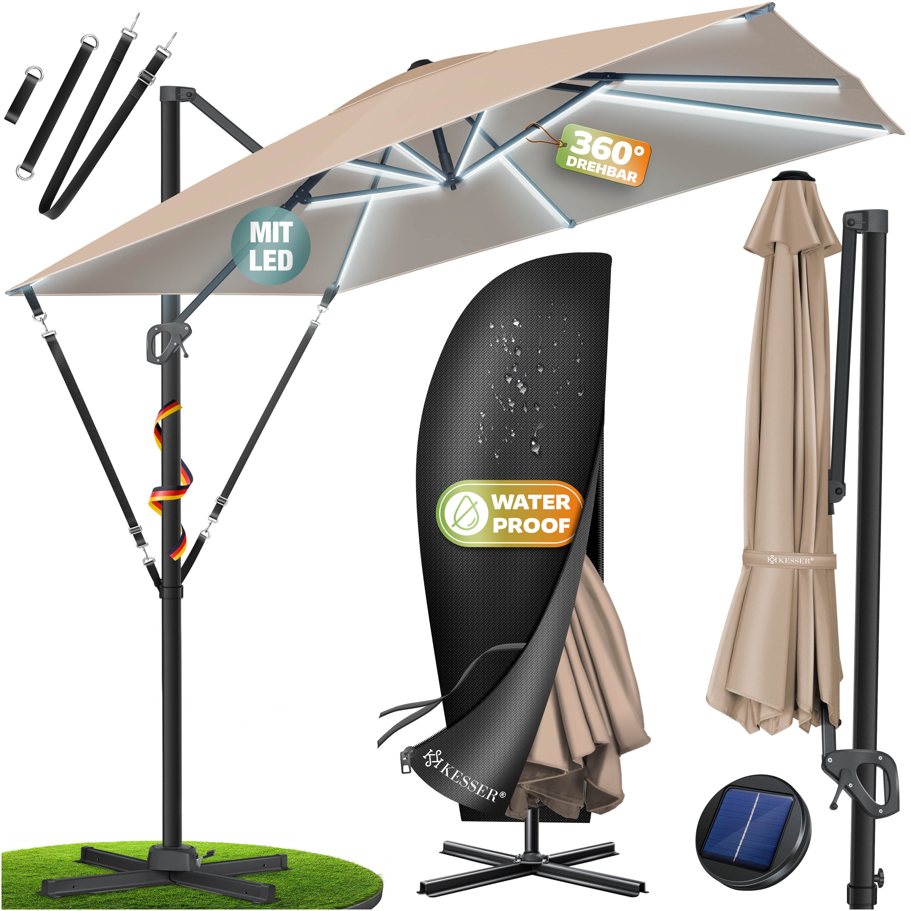KESSER&reg; Sonnenschirm Ampelschirm SUN XL 300 x 300 cm Inkl. Abdeckung +Windsicherung Drehbar Neigbar Kippbar Marktschirm Gro&szlig; 360&deg; Rotation, Gartenschirm mit Kurbel Sonnenschutz UV50+ 