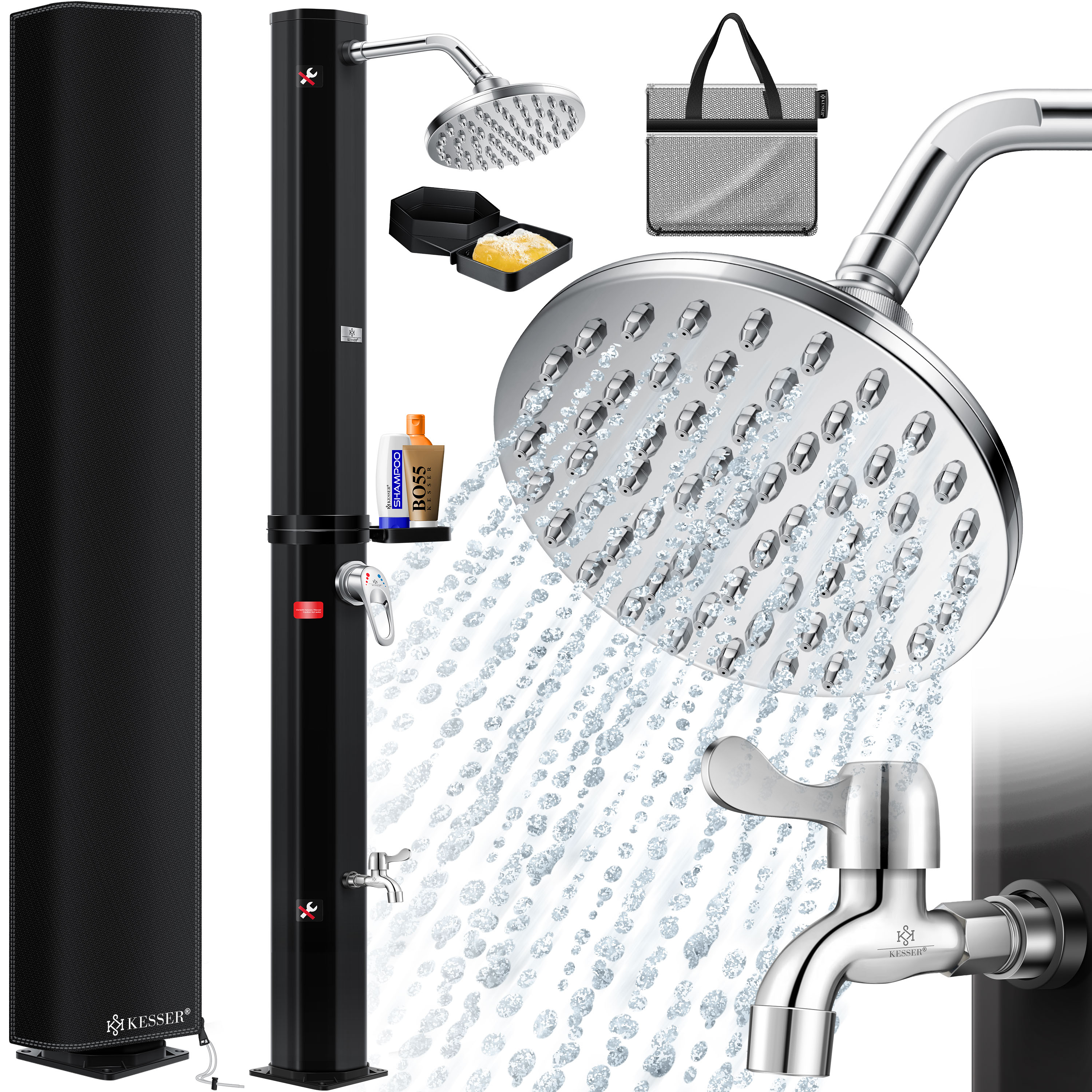 KESSER&reg; Solardusche 40- 60 Liter Solar Gartendusche | warmes Wasser |  max. 60&deg;C | Inkl. Metall-Duschablage & Schutzhaube | Pooldusche Camping| Regenduschkopf und Wasserhahn Gartenschlauch-Anschluss 