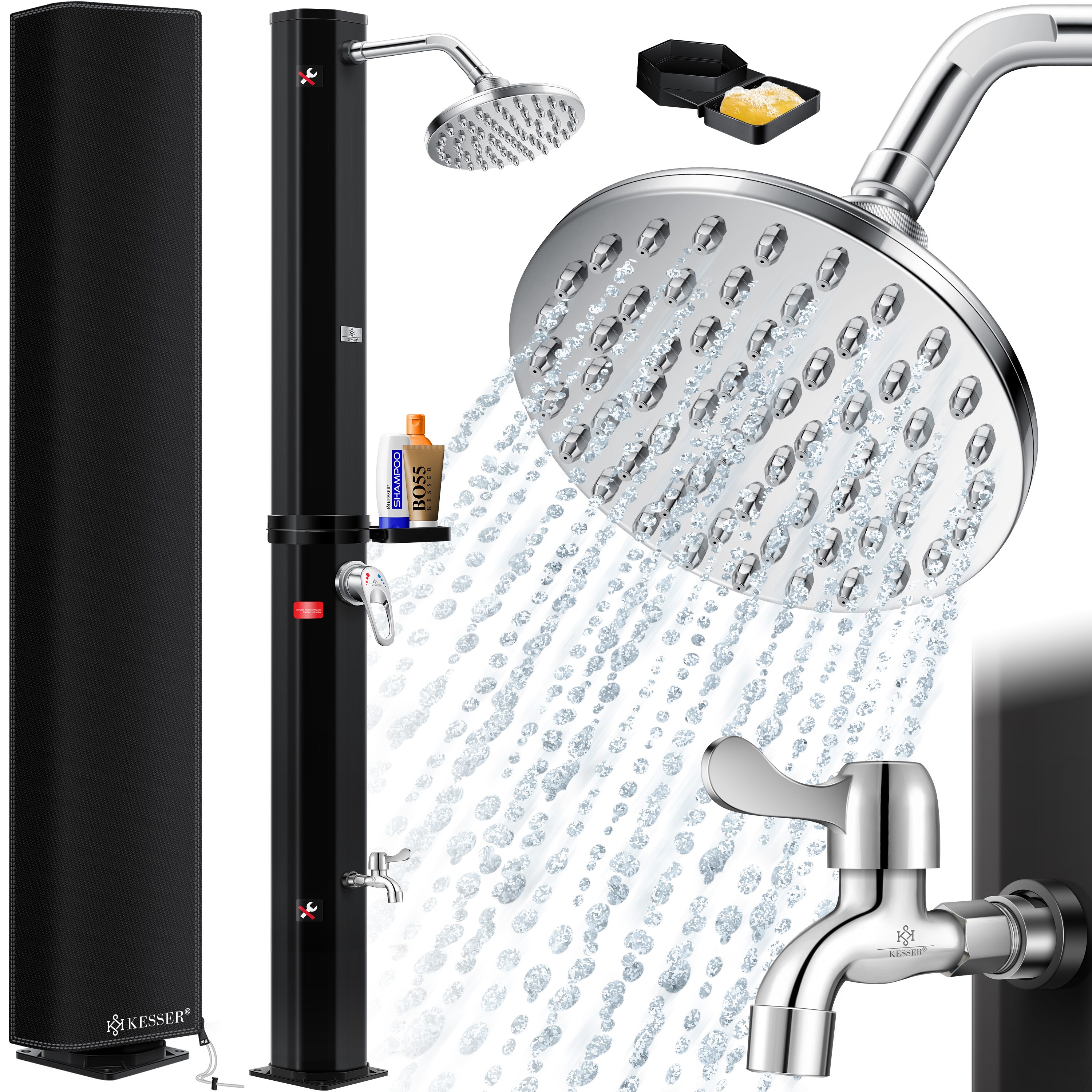 KESSER&reg; Solardusche 40- 60 Liter Solar Gartendusche | warmes Wasser |  max. 60&deg;C | Inkl. Metall-Duschablage & Schutzhaube | Pooldusche Camping| Regenduschkopf und Wasserhahn Gartenschlauch-Anschluss 
