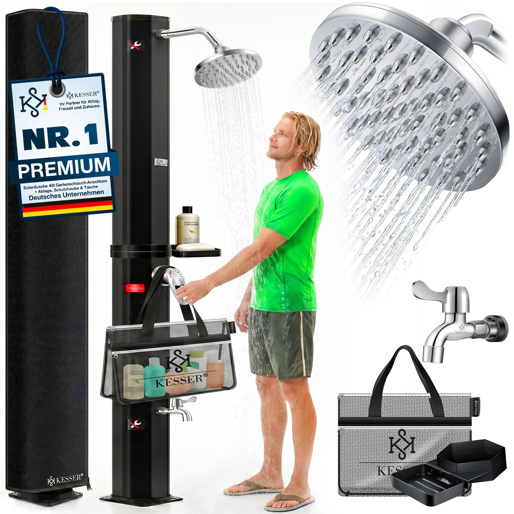 ® Solardusche 40- 60 Liter Solar Gartendusche   warmes Wasser    max. 60°C   Inkl. Metall-Duschablage & Schutzhaube   Pooldusche Camping  Regenduschkopf und Wasserhahn Gartenschlauch-Anschluss