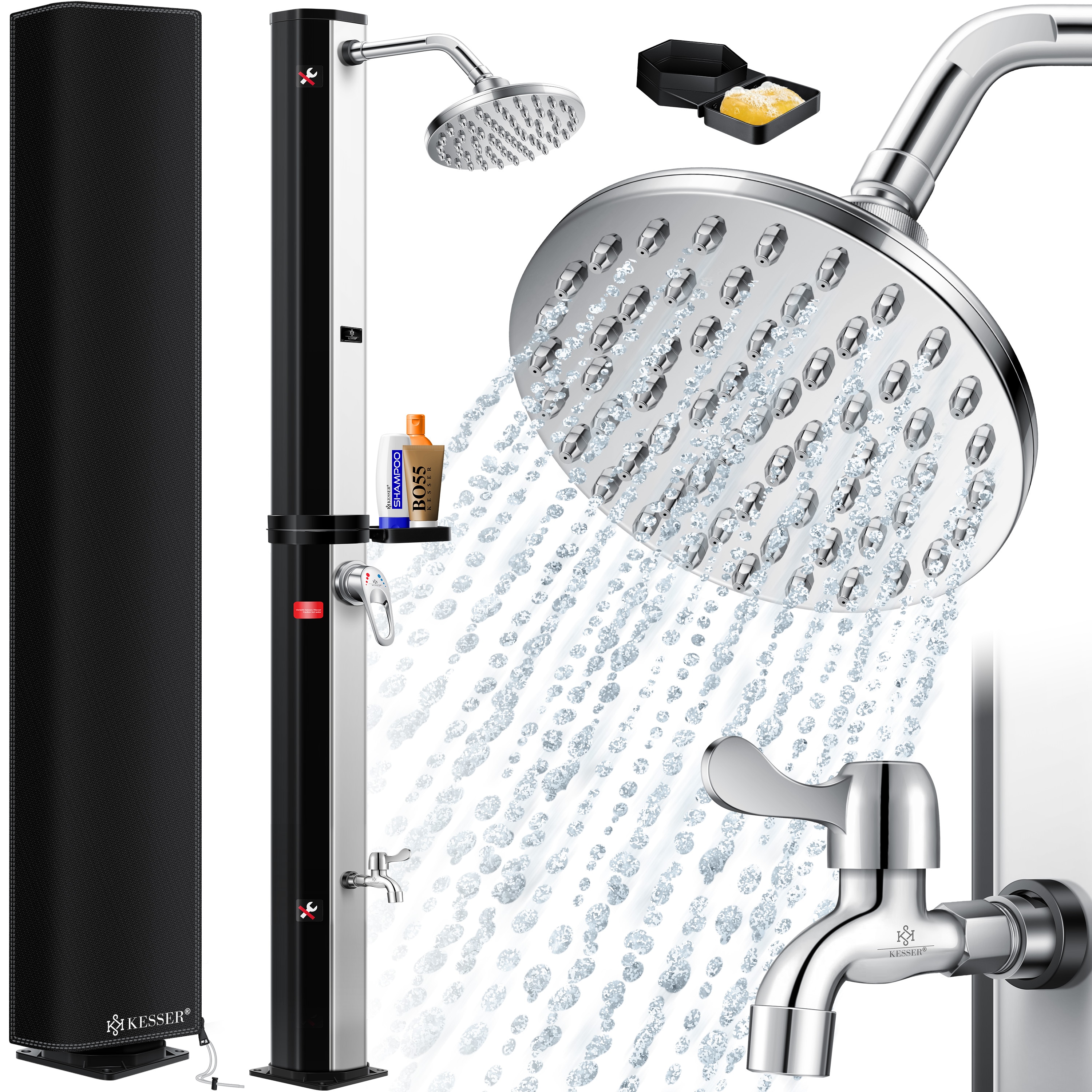KESSER&reg; Solardusche 40- 60 Liter Solar Gartendusche | warmes Wasser |  max. 60&deg;C | Inkl. Metall-Duschablage & Schutzhaube | Pooldusche Camping| Regenduschkopf und Wasserhahn Gartenschlauch-Anschluss 