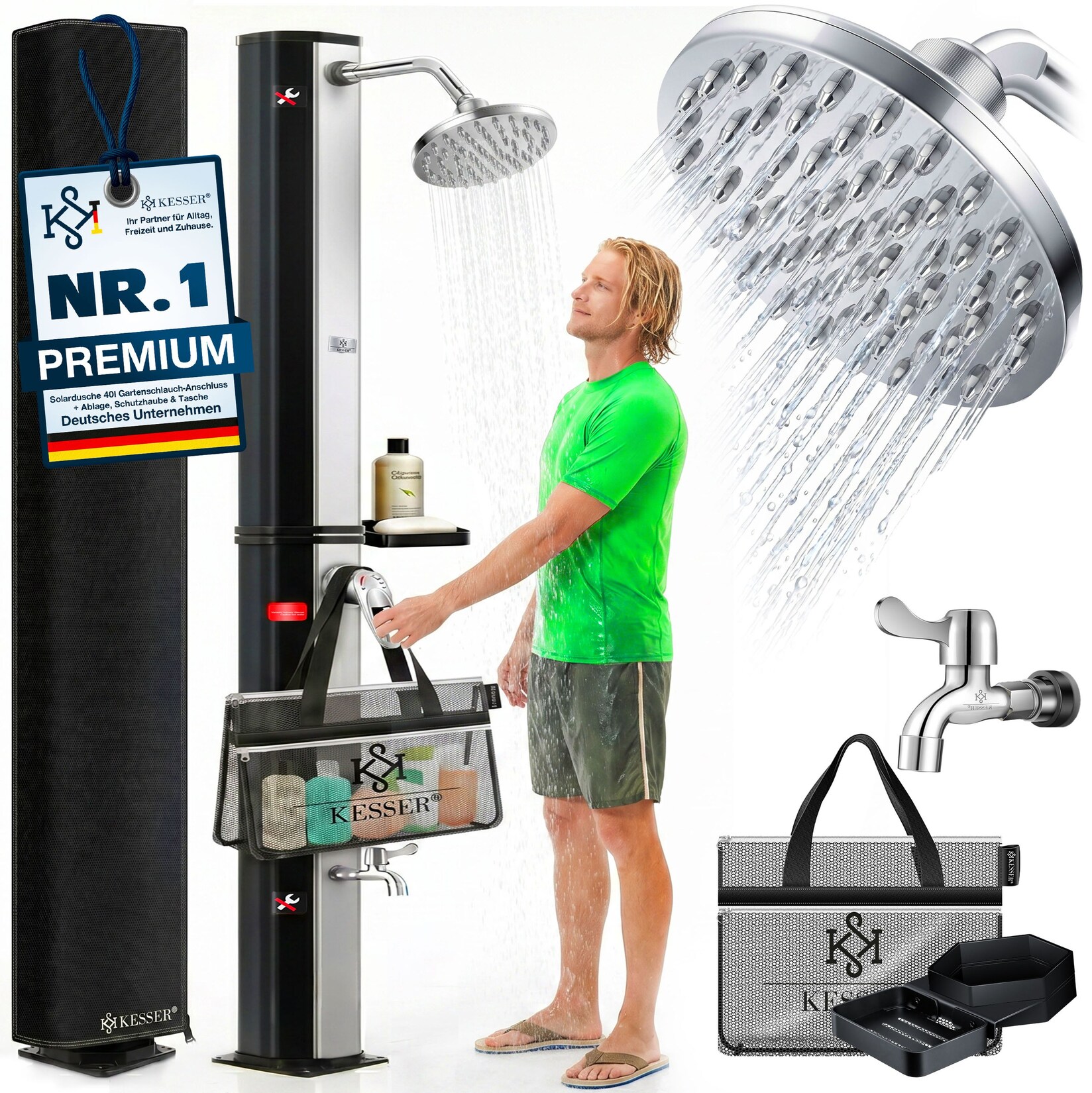 ® Solardusche 40- 60 Liter Solar Gartendusche   warmes Wasser    max. 60°C   Inkl. Metall-Duschablage & Schutzhaube   Pooldusche Camping  Regenduschkopf und Wasserhahn Gartenschlauch-Anschluss