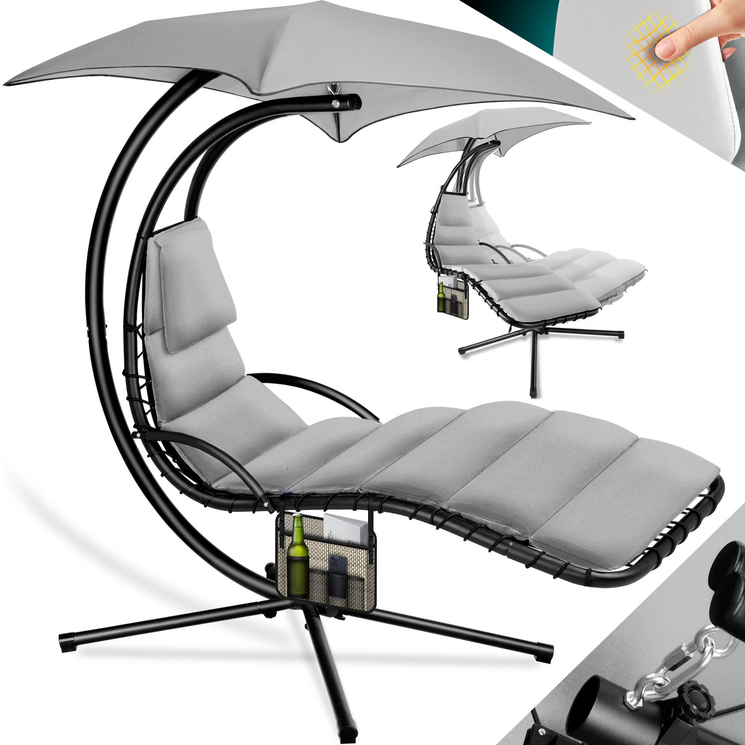 KESSER&reg; Schwebeliege mit Sonnenschirm, H&auml;ngeliege , Sonnenliege H200, L194, B100 cm, Relaxliege, Schaukelliege H&auml;ngematte , bis 120 kg belastbar , Schaukelliege, Auflagen - Nackenkissen 