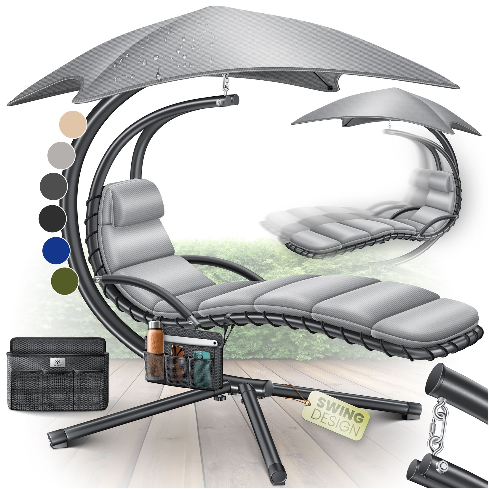 KESSER® Schwebeliege mit Sonnenschirm, Hängeliege , Sonnenliege H200, L194, B100 cm, Relaxliege, Schaukelliege Hängematte , bis 120 kg belastbar , Schaukelliege, Auflagen - Nackenkissen