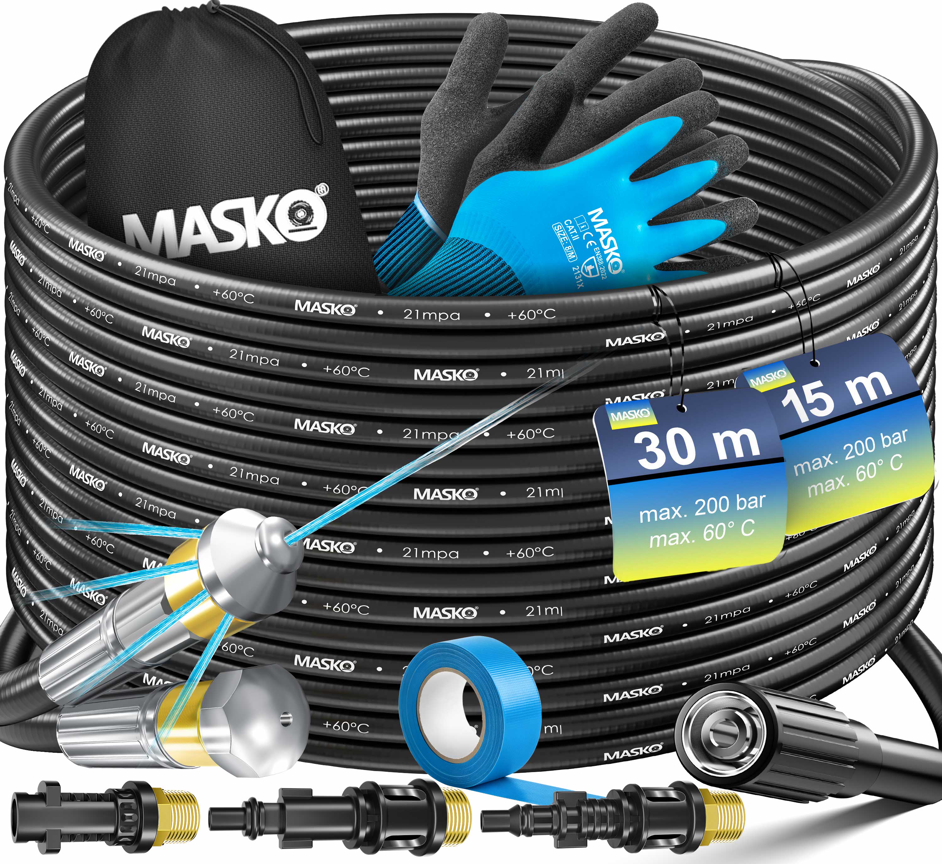 MASKO&reg; Premium Rohrreinigungsschlauch Set Abflussreiniger 30m, 200 bar inkl. Tasche 3 Adapter 2 D&uuml;sen kompatibel mit K&auml;rcher k2-k7 LAVOR Hochdruckreiniger Rohrreinigungsset + Handschuhe & Isolierband 